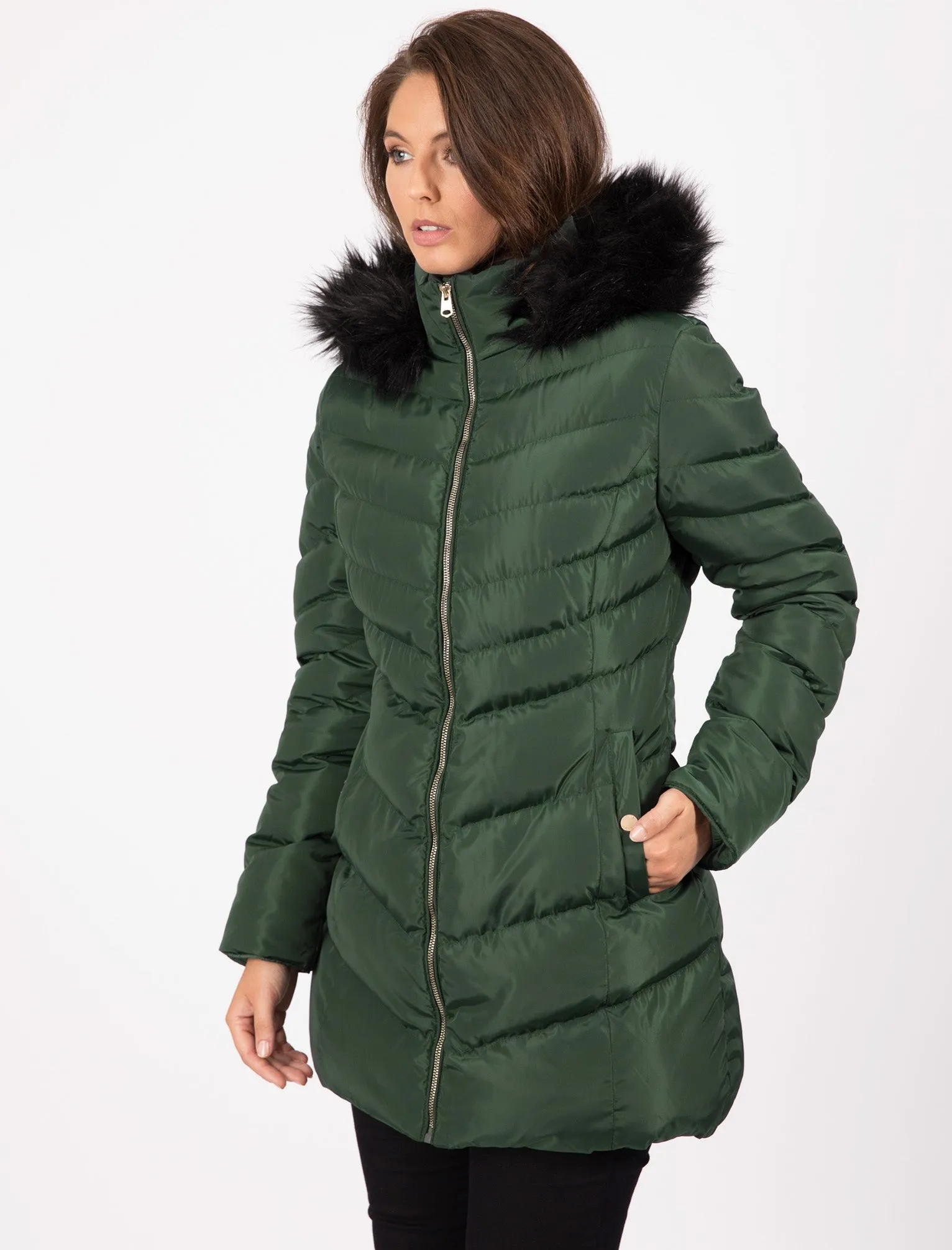 Lotus Longline Quilted Puffer Coat with Faux Fur Trim Hood in Dark Green - Tokyo Laundry