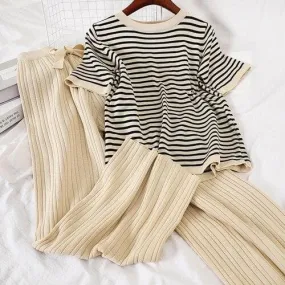 Lounge 2-in-1-Set: Striped Tee   Knit Wide-Leg Pants