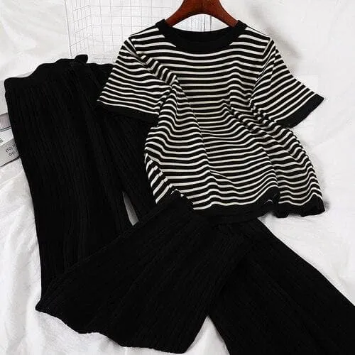 Lounge 2-in-1-Set: Striped Tee   Knit Wide-Leg Pants