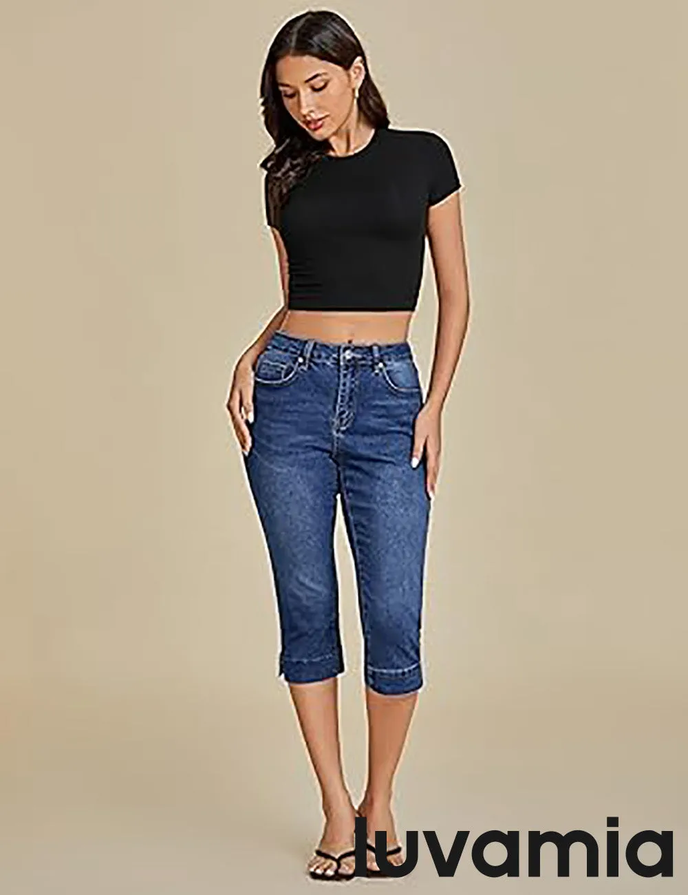 LUVAMIA Women Skinny Capri High Rise Denim Stretch Cropped Jeans