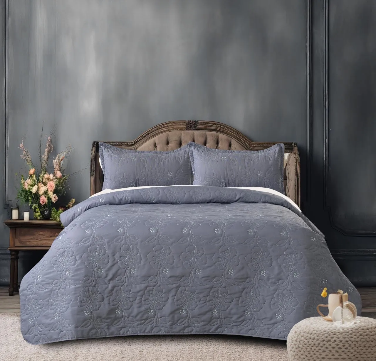 MARS HOME CENTER® Cotton 300TC King Size Embroidery Quilted Bedcover/Bedsheet Set with 2 Pillow Covers- Soft, Lightweight (90"x100") (Mist Blue)