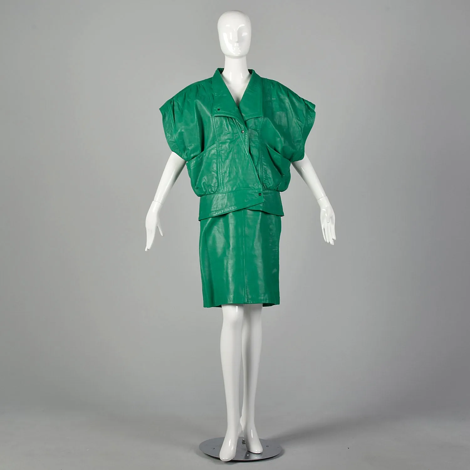 Medium Michael Hoban for North Beach Leather 1980s Green Leather Skirt Set
