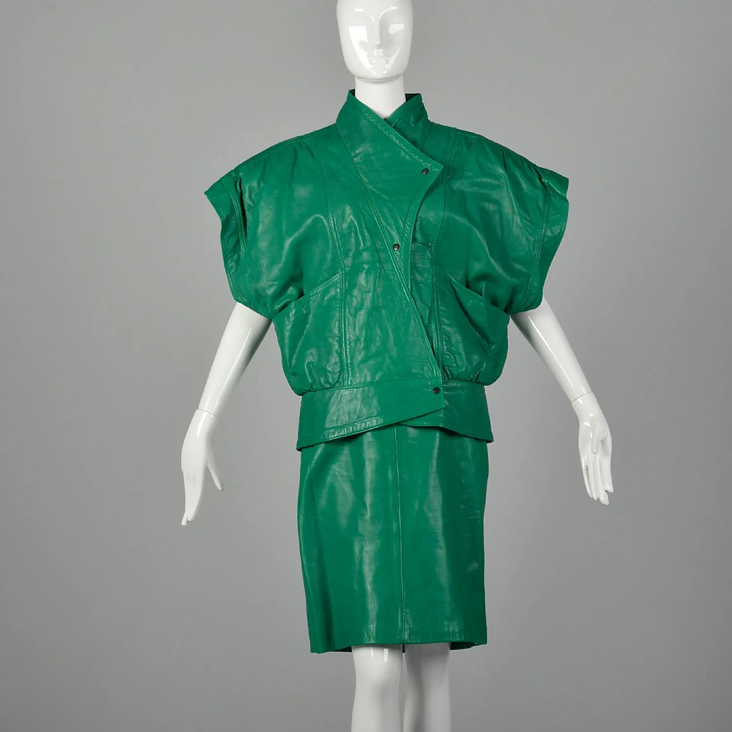 Medium Michael Hoban for North Beach Leather 1980s Green Leather Skirt Set
