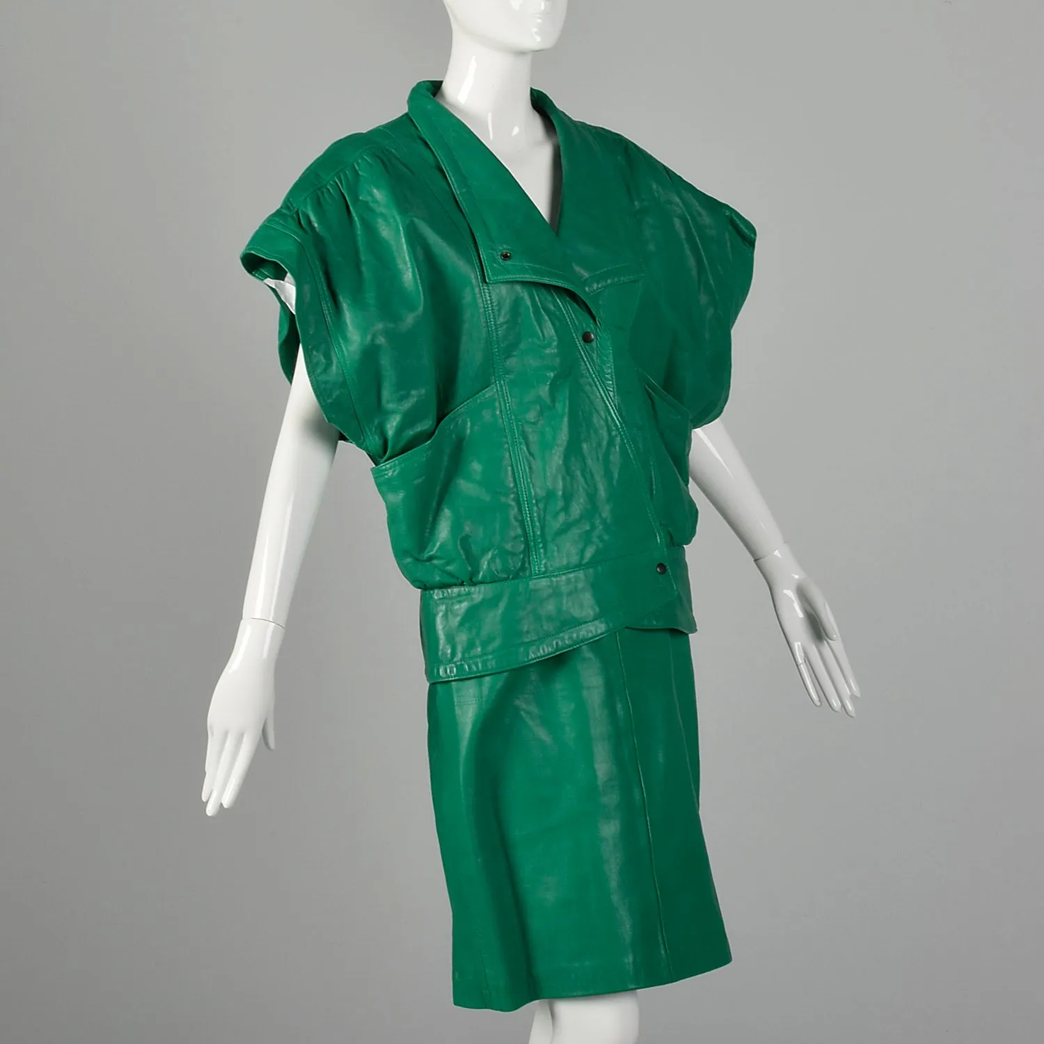 Medium Michael Hoban for North Beach Leather 1980s Green Leather Skirt Set