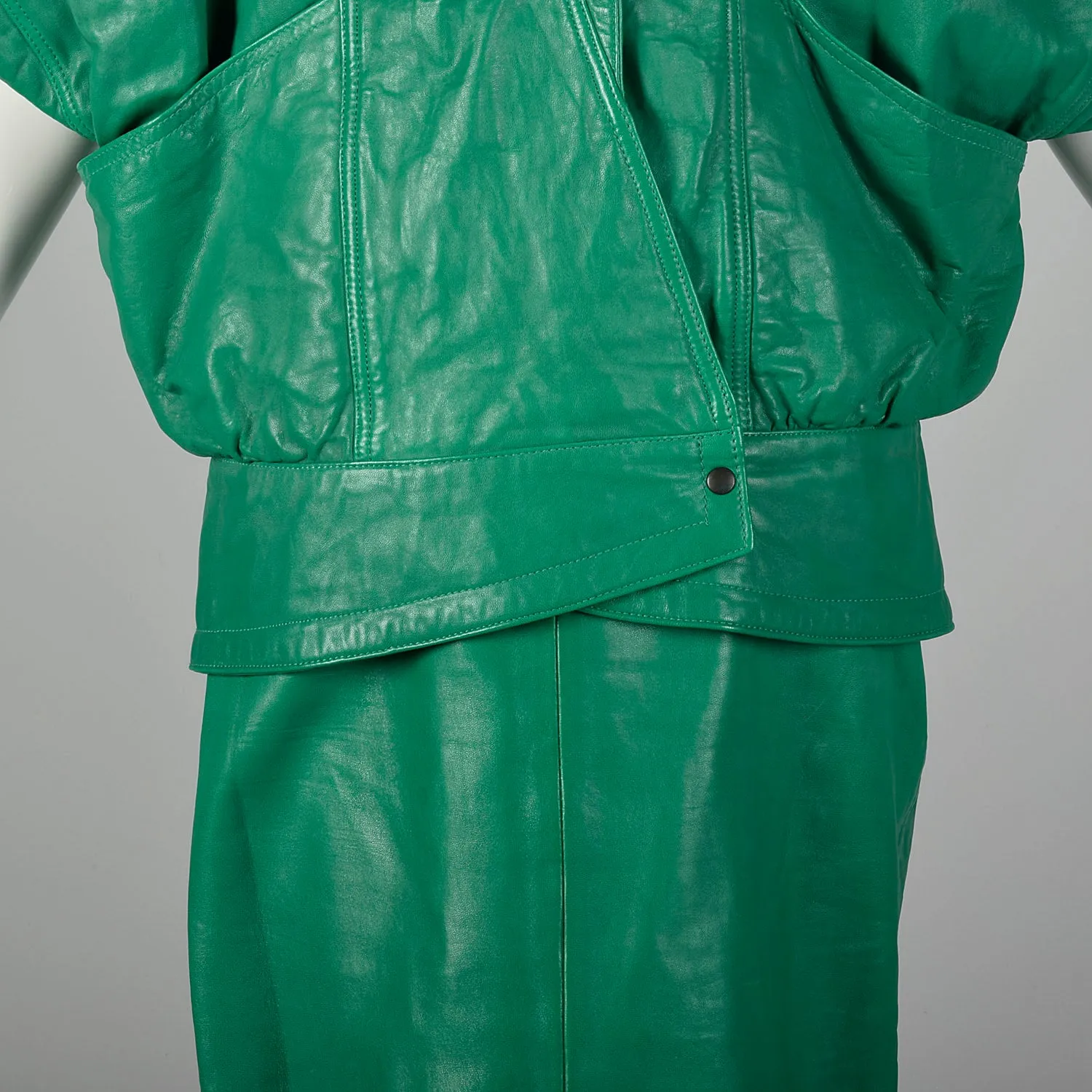 Medium Michael Hoban for North Beach Leather 1980s Green Leather Skirt Set