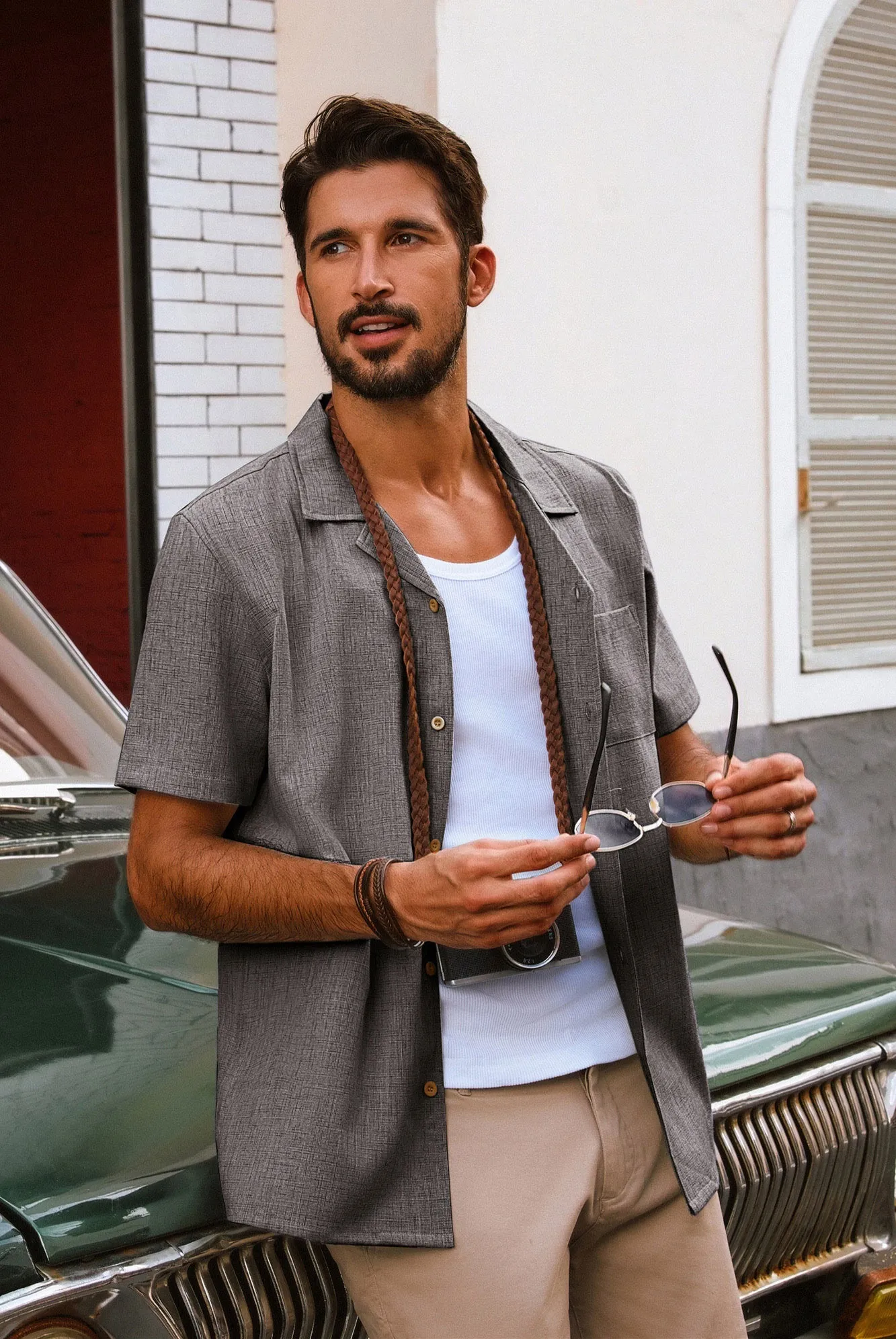 Men Basic Camp-Collar Shirt Casual Short Sleeve Button-up Tops