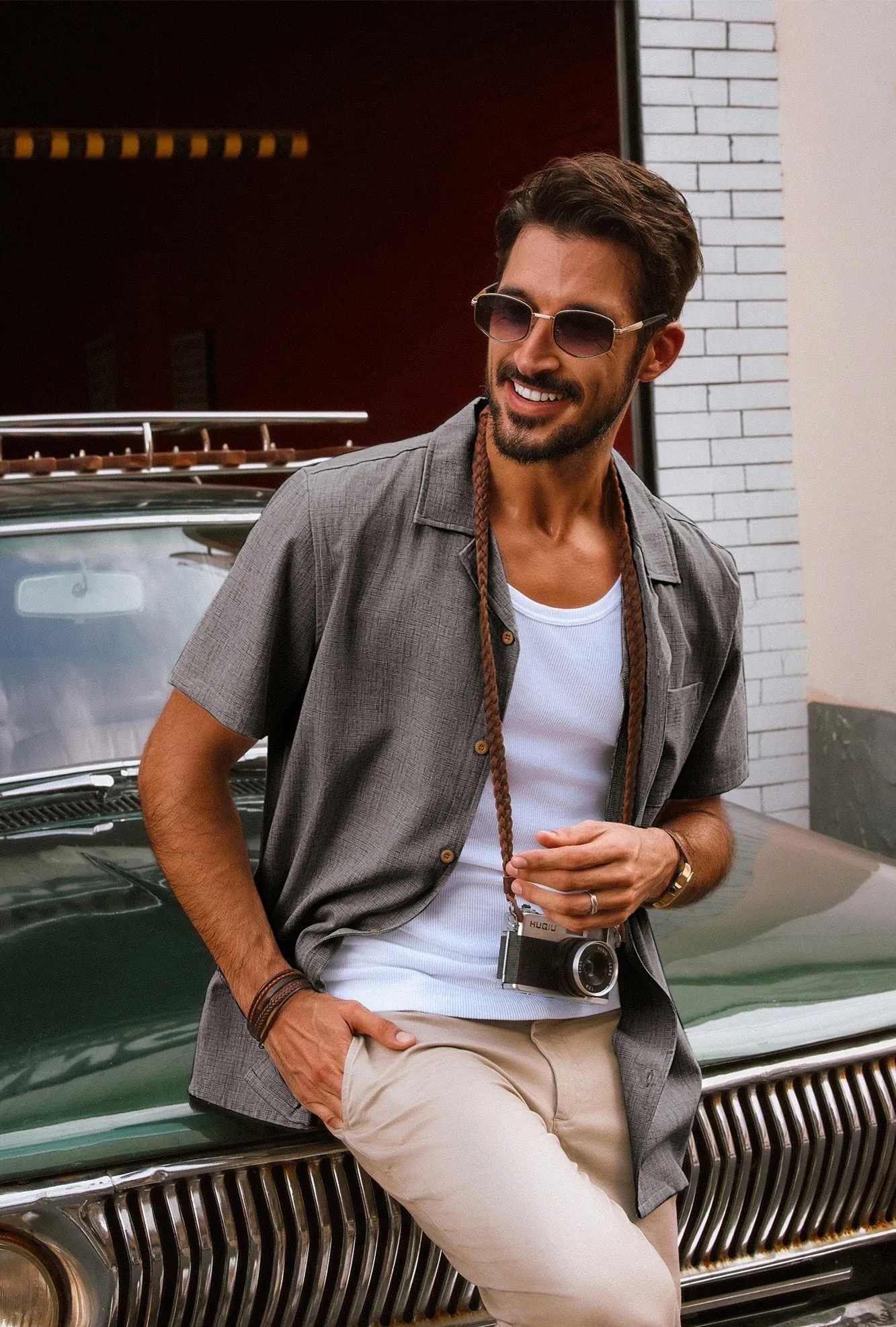 Men Basic Camp-Collar Shirt Casual Short Sleeve Button-up Tops