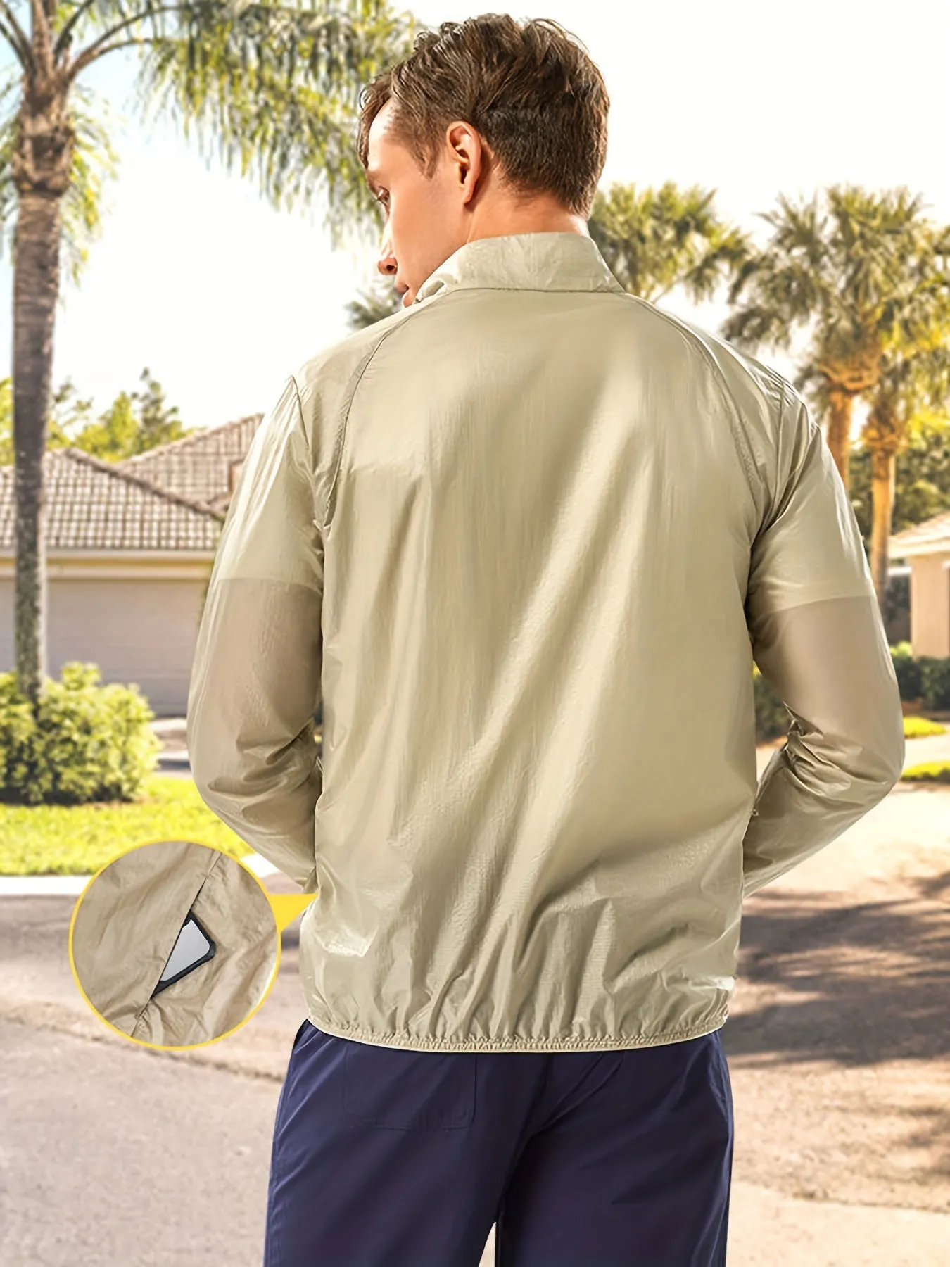 Men's Casual Plain Color Windproof Lightweight Zipper Jacket, Sun Protection Sports Coat Clothes For Outdoor Activities