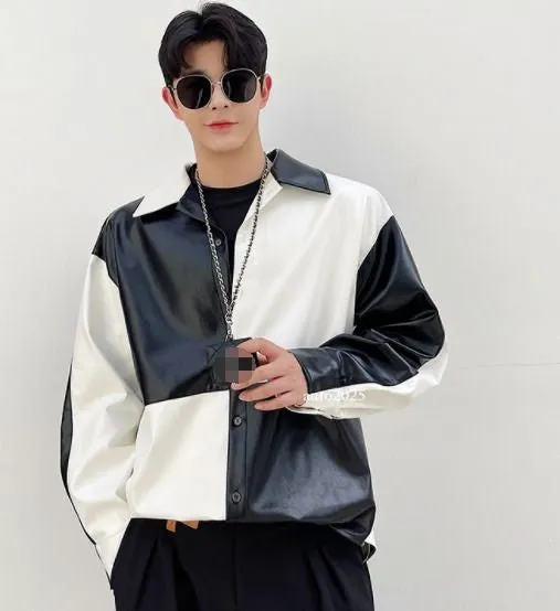 Men's Classic Y2K Fashion Black & White Contrast Colour Korean Street Style Vegan Leather Shirt