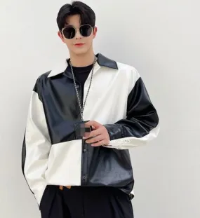 Men's Classic Y2K Fashion Black & White Contrast Colour Korean Street Style Vegan Leather Shirt