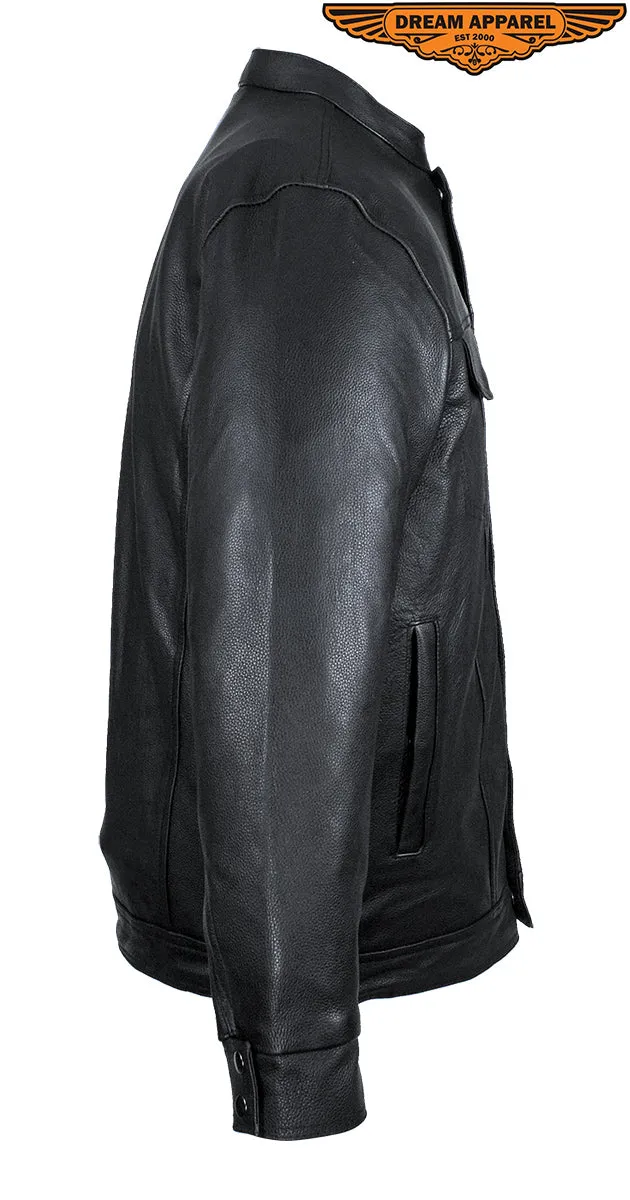 Men's Naked Cowhide Leather Motorcycle Shirt - Black