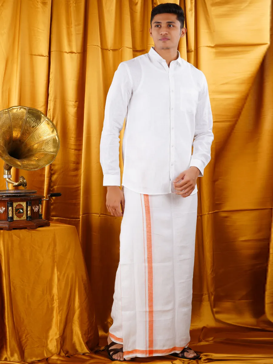 Mens Premium Pure Linen Shirt Full Sleeve with Double Dhoti White 770