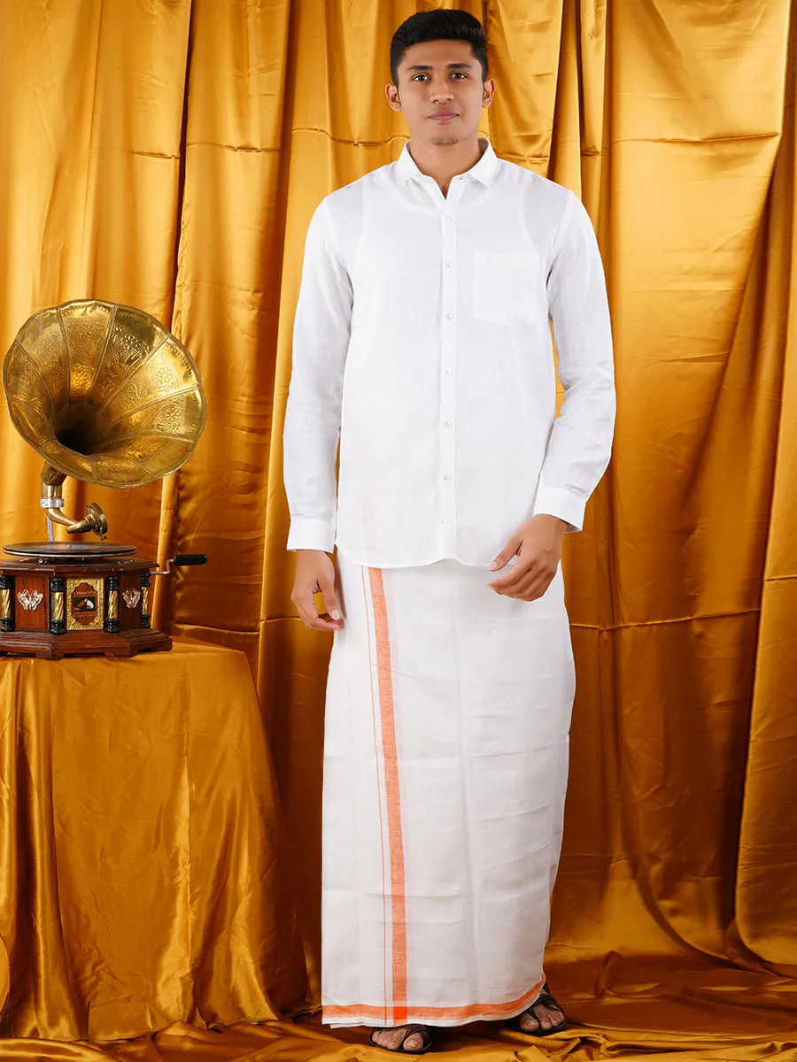 Mens Premium Pure Linen Shirt Full Sleeve with Double Dhoti White 770