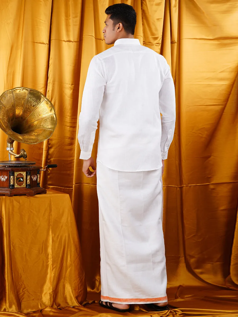 Mens Premium Pure Linen Shirt Full Sleeve with Double Dhoti White 770