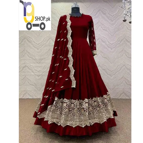 Neck Bell Bottom Border Flower Embroidery Maxi With Emb Dupatta 3Pcs.
