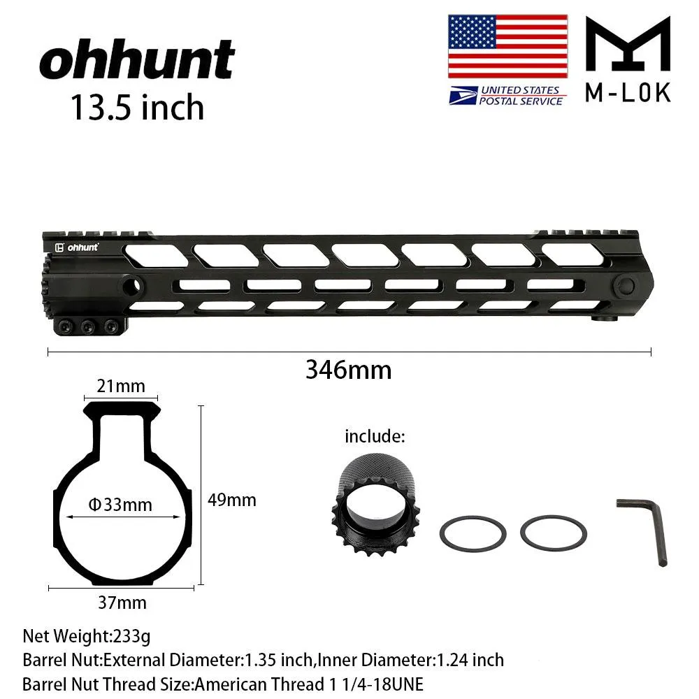 ohhunt® AR-15 13.5" Ultra Slim Lightweight Free Float M-LOK Rail Handguard With Barrel Nut For Rifle