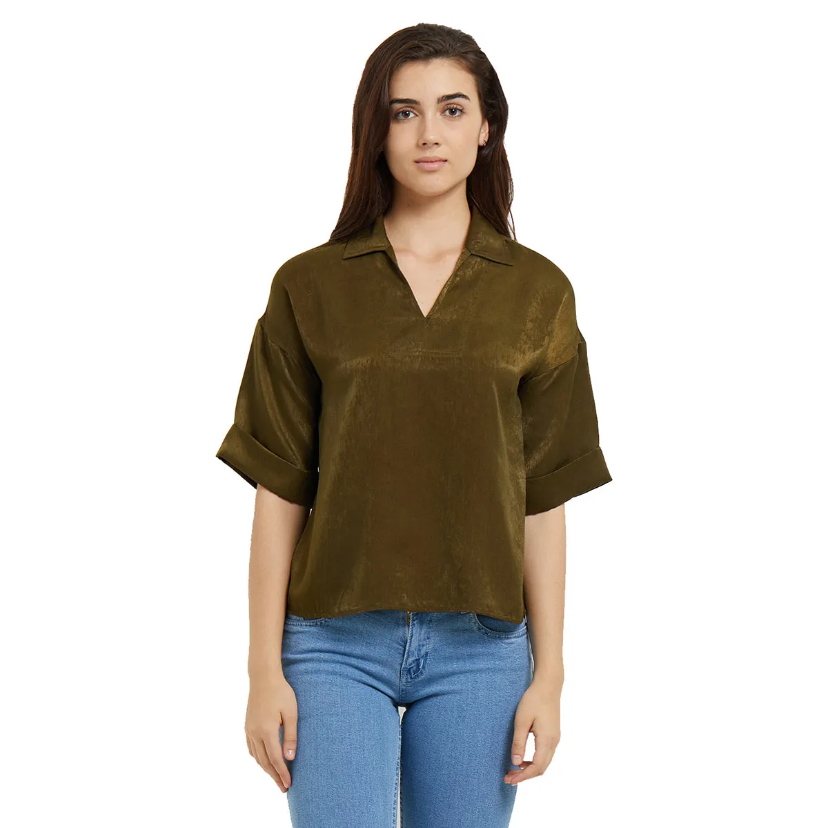 Olive Solid Shirt with 3/4th Sleeves