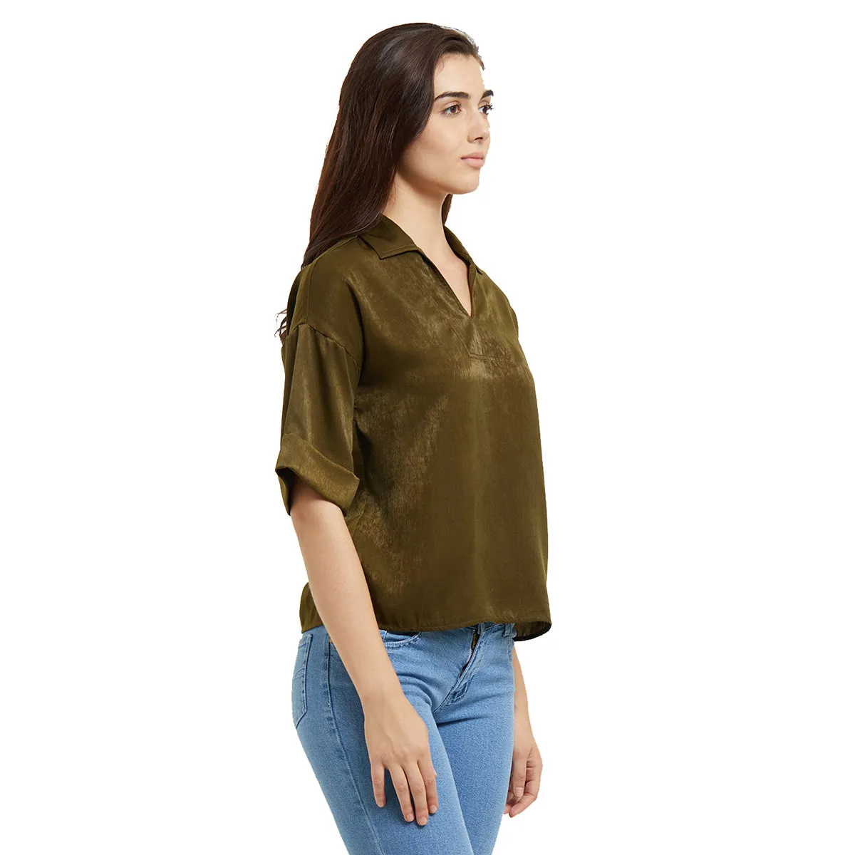 Olive Solid Shirt with 3/4th Sleeves