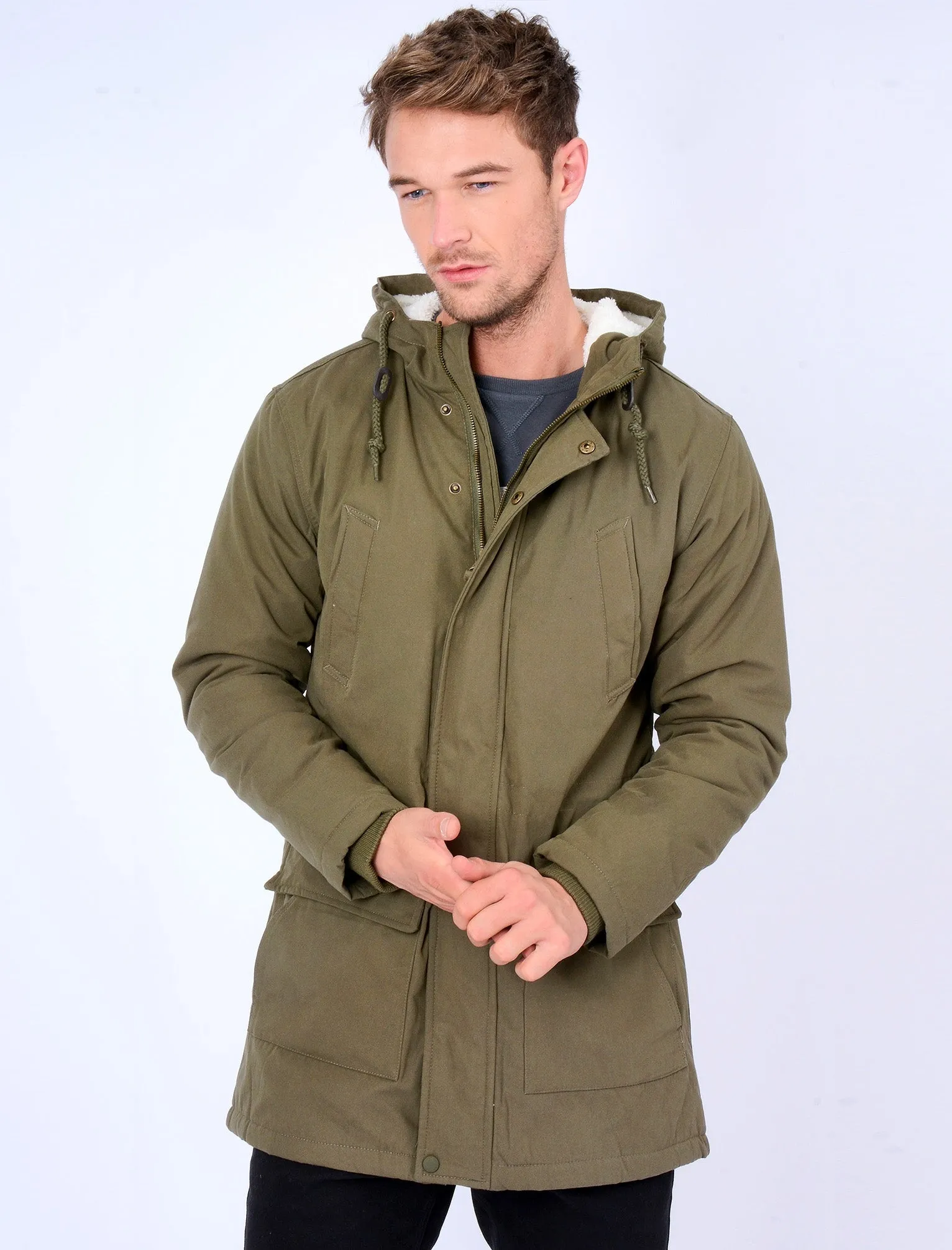 Parton Borg Lined Hooded Parka Jacket in Amazon Khaki - Tokyo Laundry