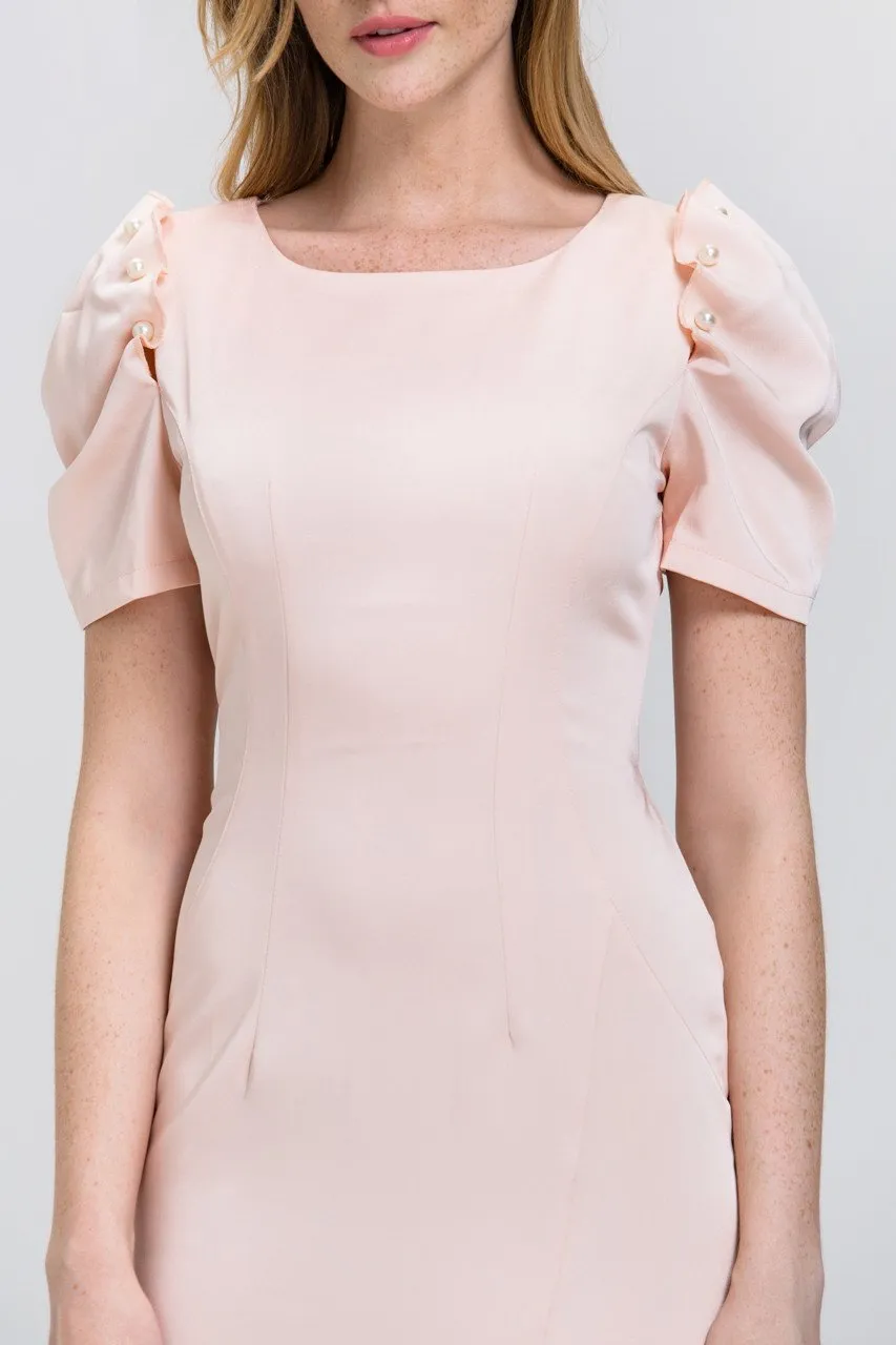 Peach Satin Pearl Sleeve Pencil Midi Dress