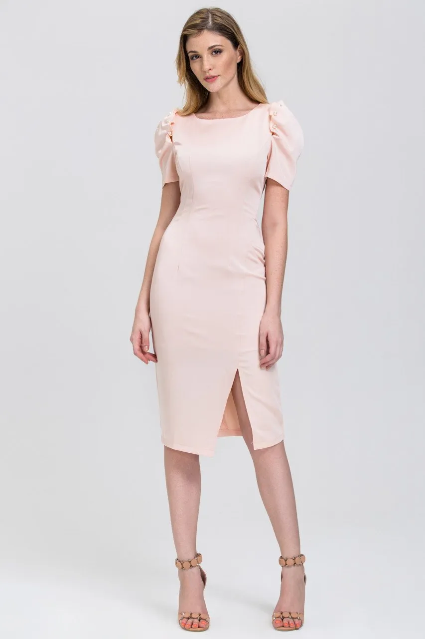 Peach Satin Pearl Sleeve Pencil Midi Dress