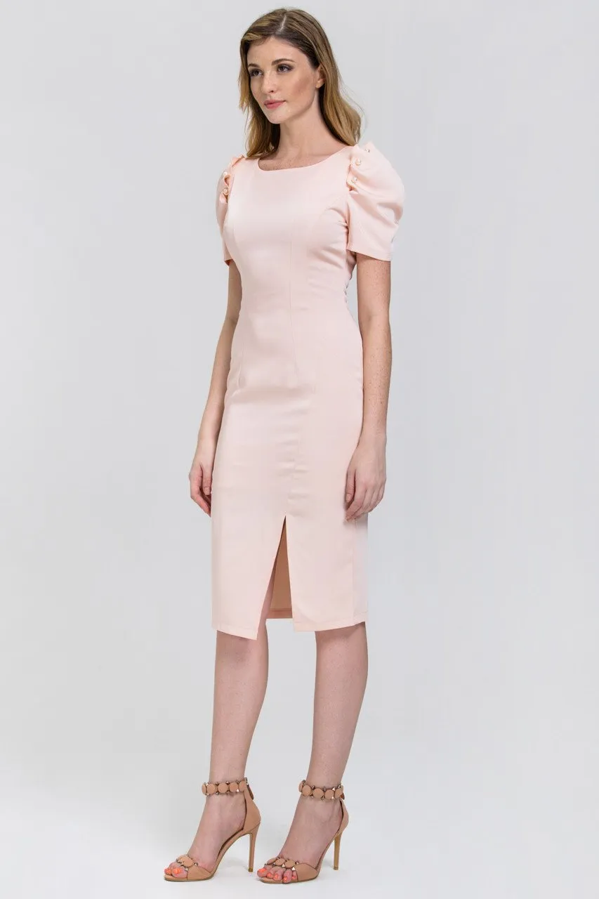 Peach Satin Pearl Sleeve Pencil Midi Dress