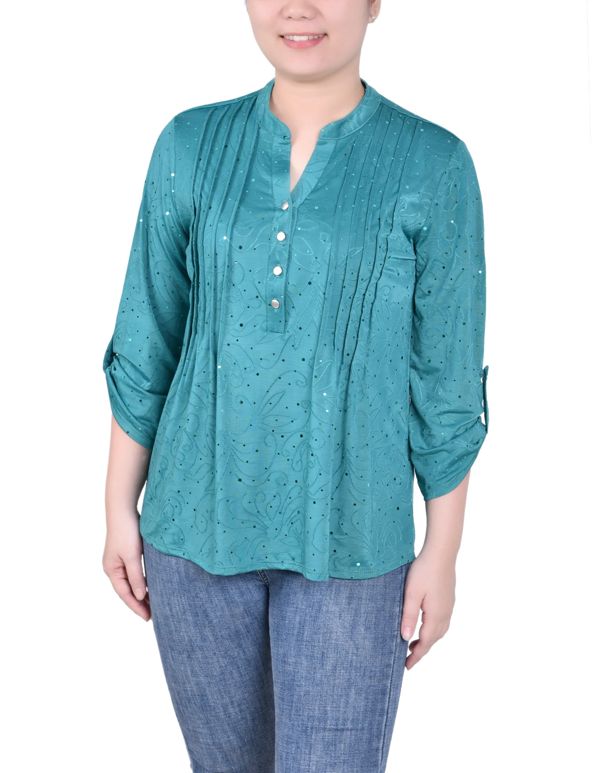 Petite 3/4 Sleeve Roll Tab Y Neck Top