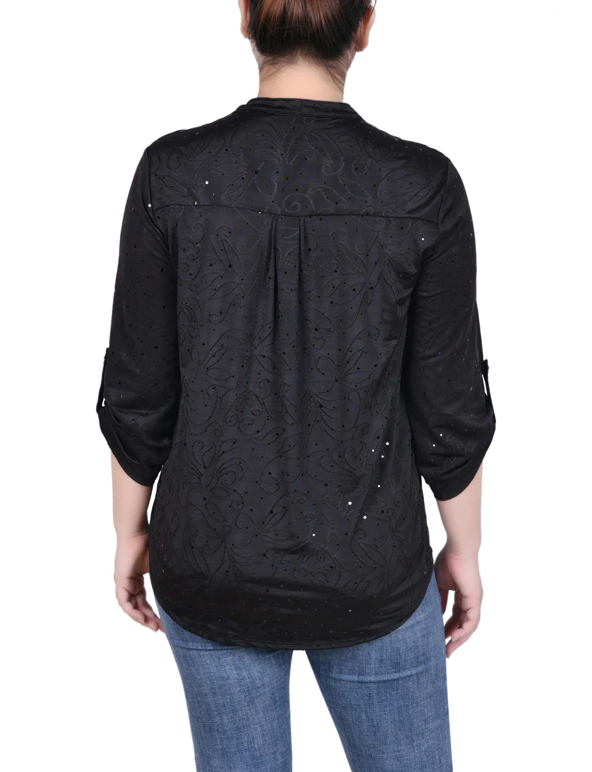 Petite 3/4 Sleeve Roll Tab Y Neck Top