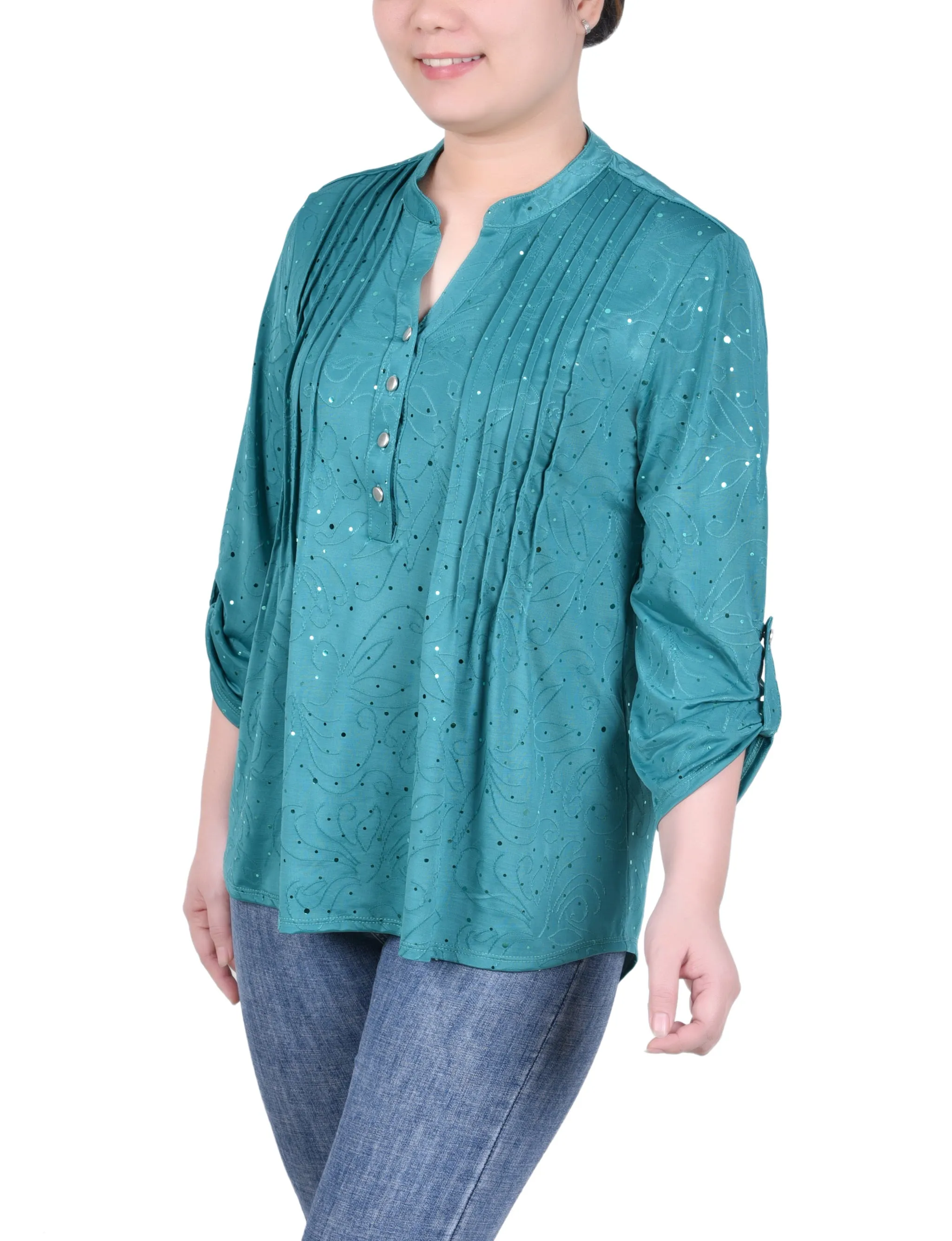 Petite 3/4 Sleeve Roll Tab Y Neck Top