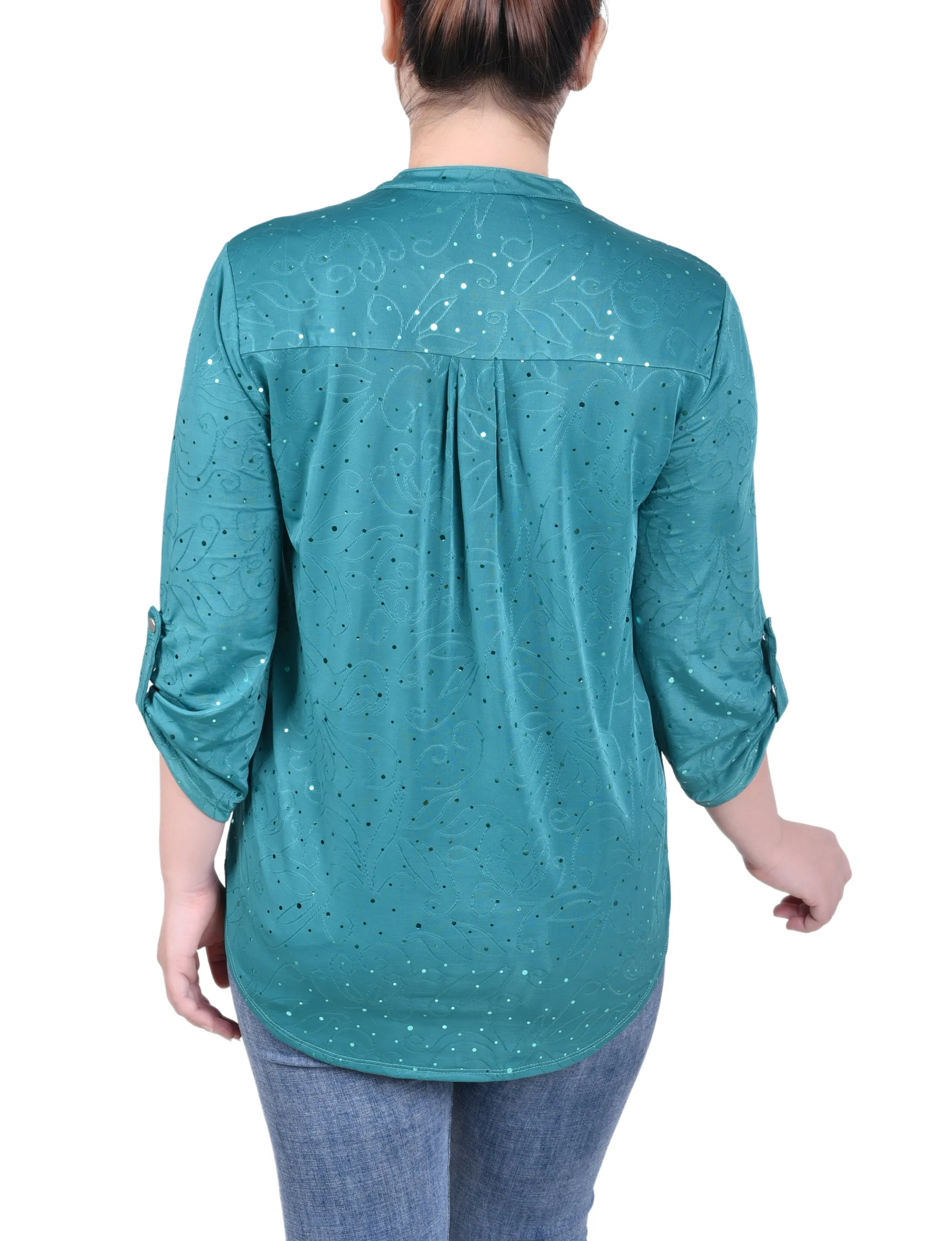 Petite 3/4 Sleeve Roll Tab Y Neck Top