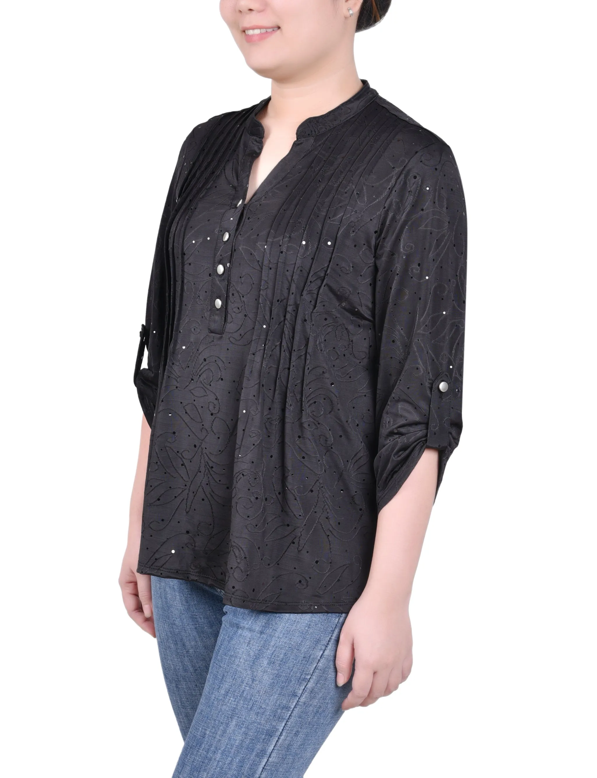 Petite 3/4 Sleeve Roll Tab Y Neck Top