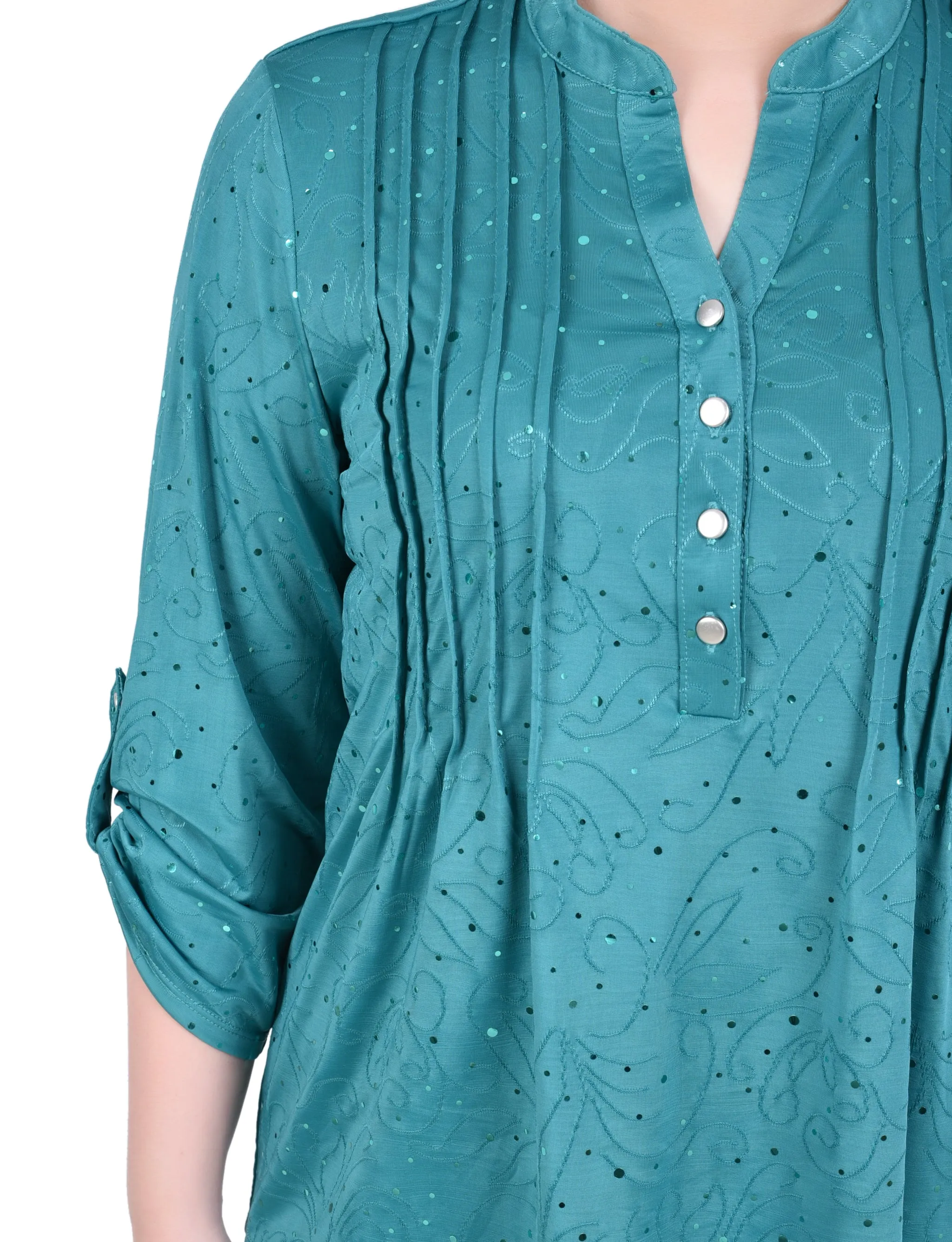 Petite 3/4 Sleeve Roll Tab Y Neck Top