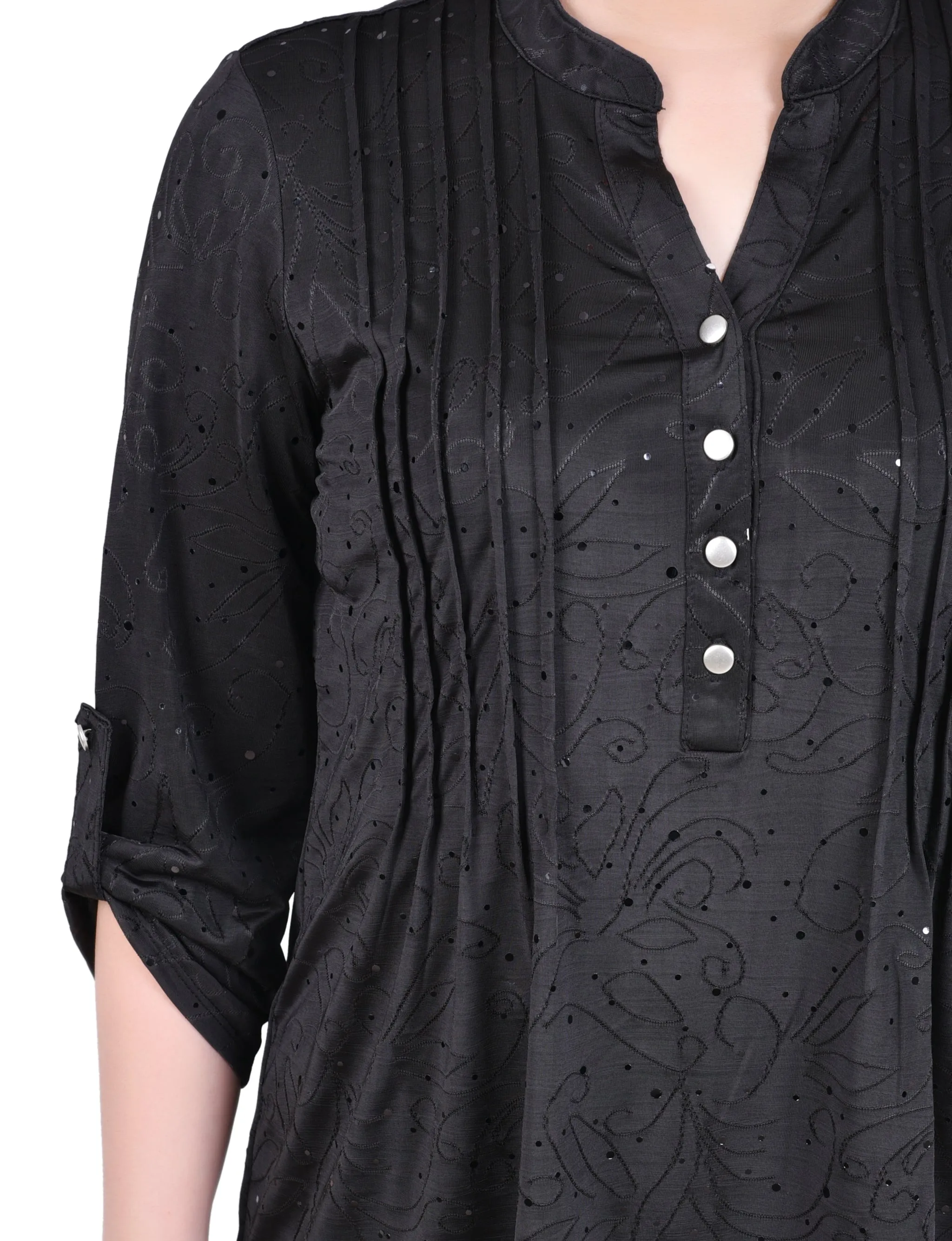 Petite 3/4 Sleeve Roll Tab Y Neck Top