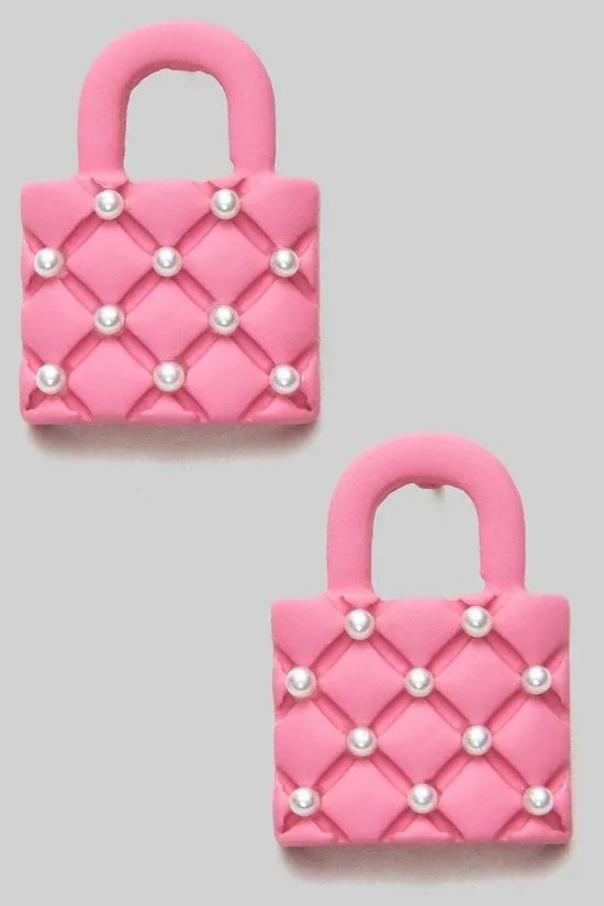Pink Quilted Handbag Stud Earrings