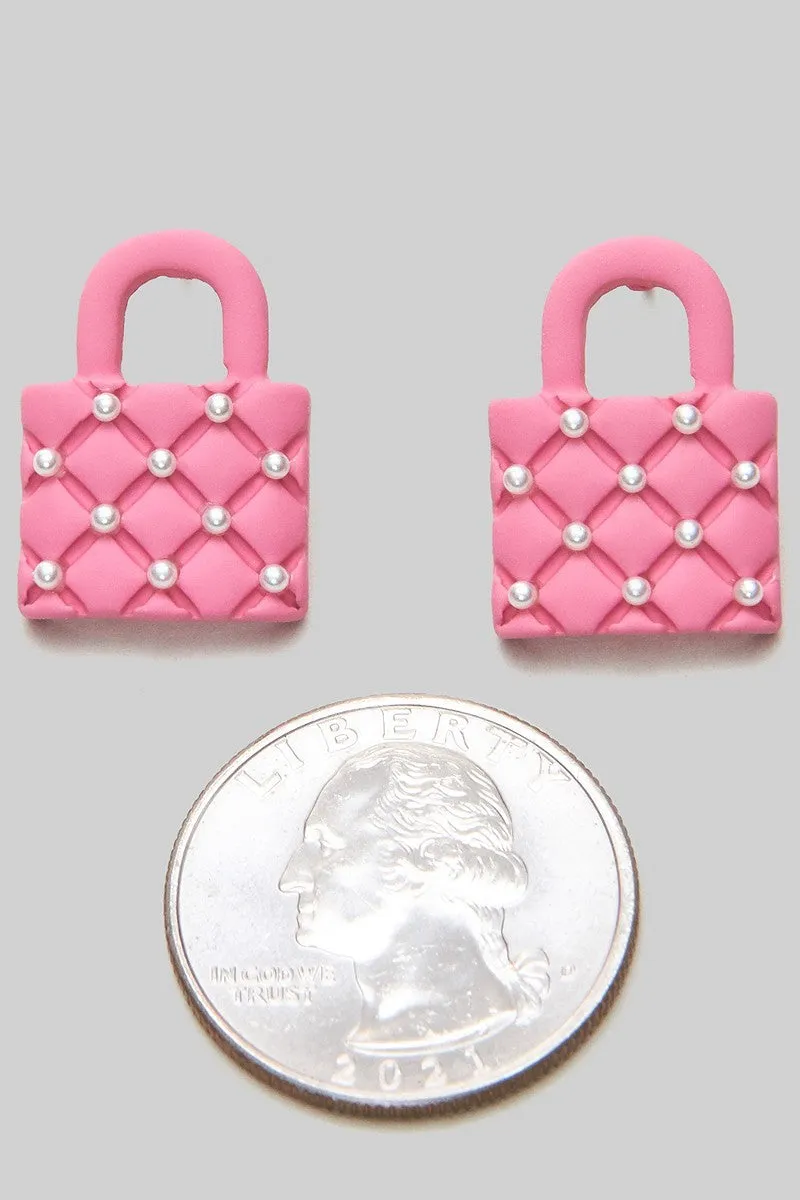 Pink Quilted Handbag Stud Earrings