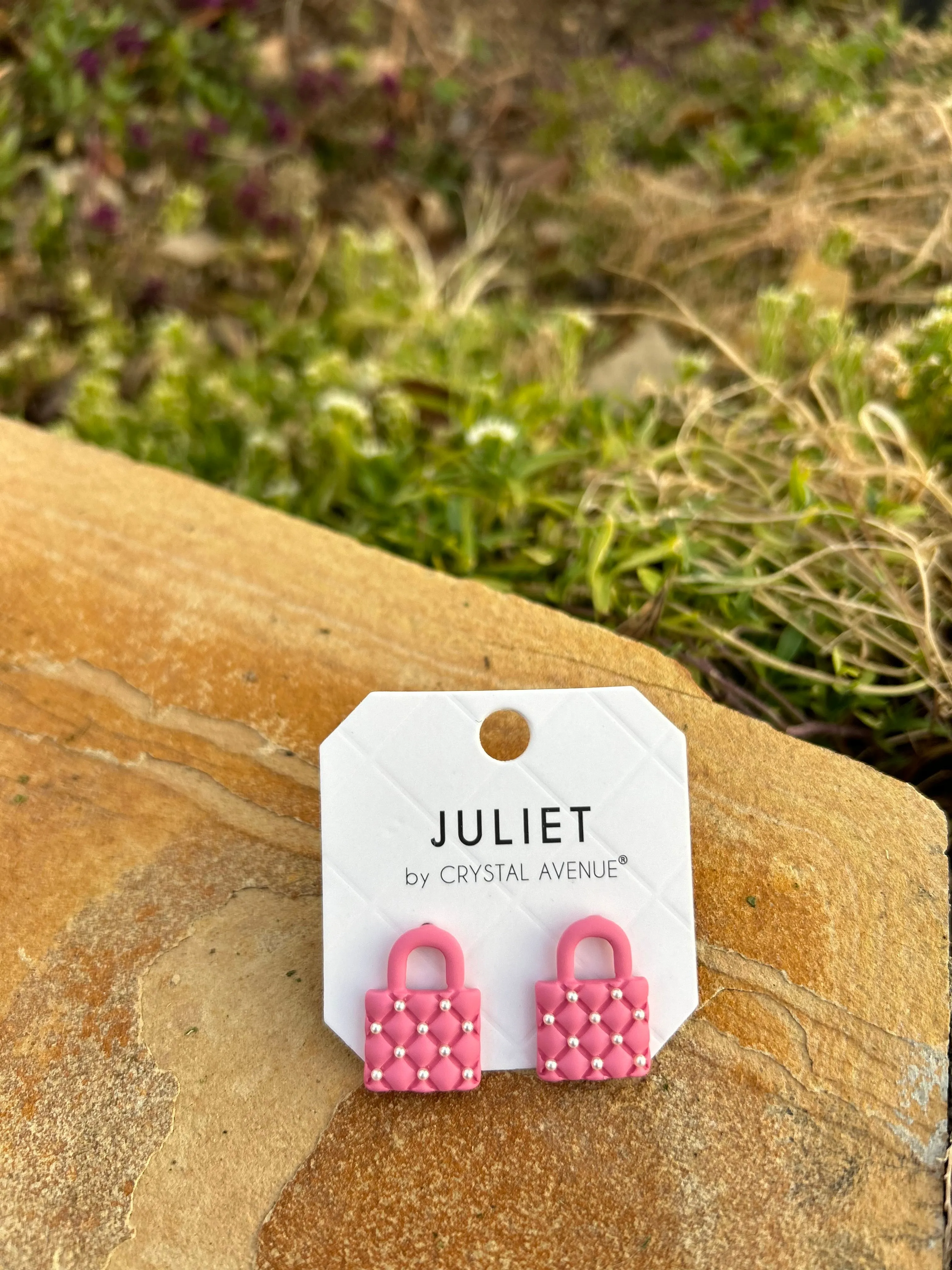 Pink Quilted Handbag Stud Earrings