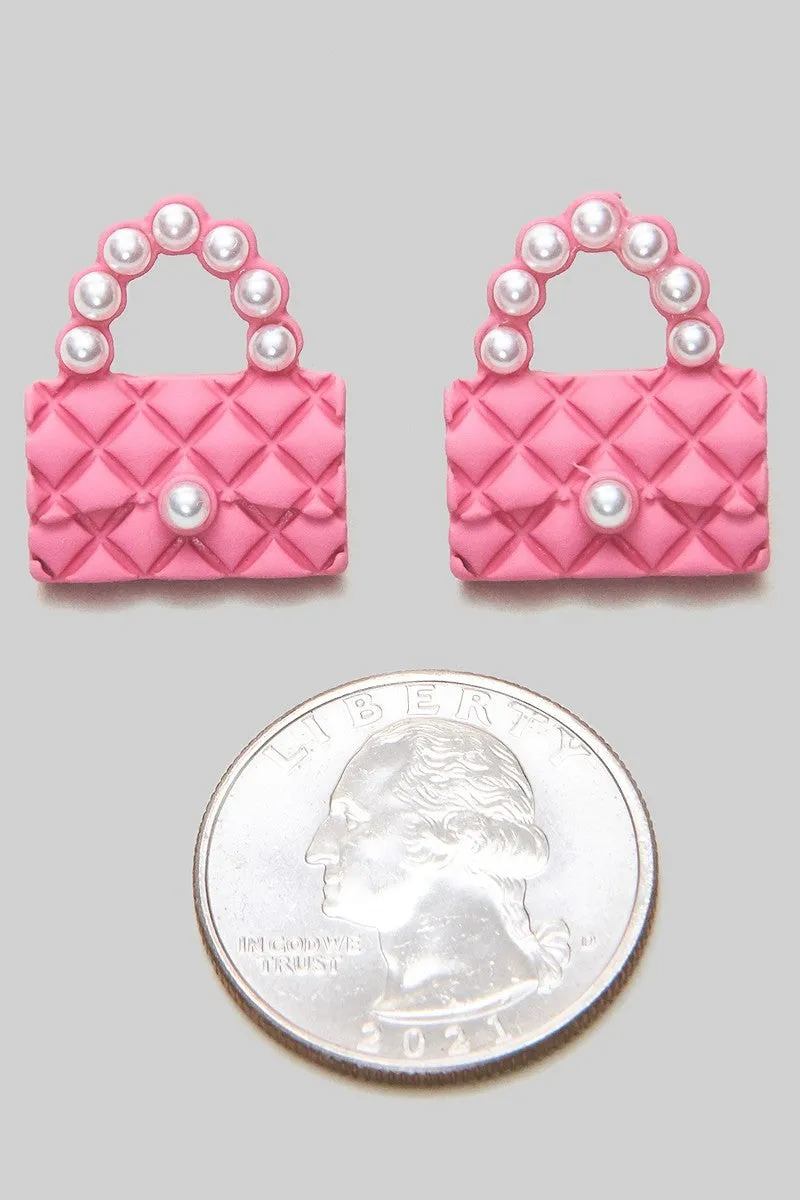 Pink Quilted Handbag Stud Earrings
