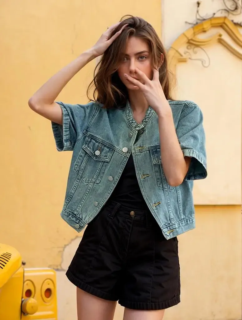 Pink Streetwear Summer Denim Coat Woman Casual O-Neck Short Sleeve Single-Breasted Thin Jeans Jacket Outwear