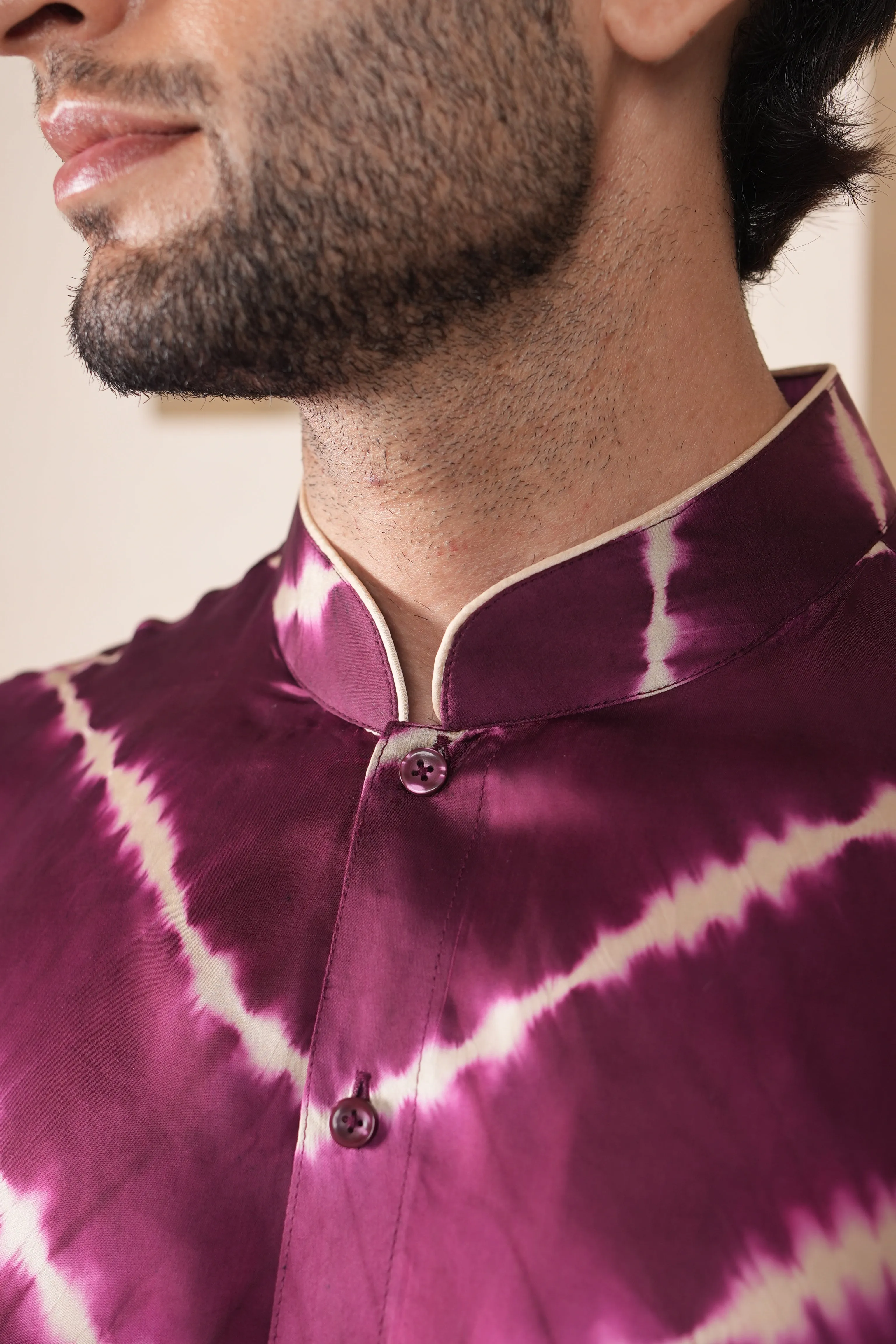 Plum Off White Lehriya Silk Shirt