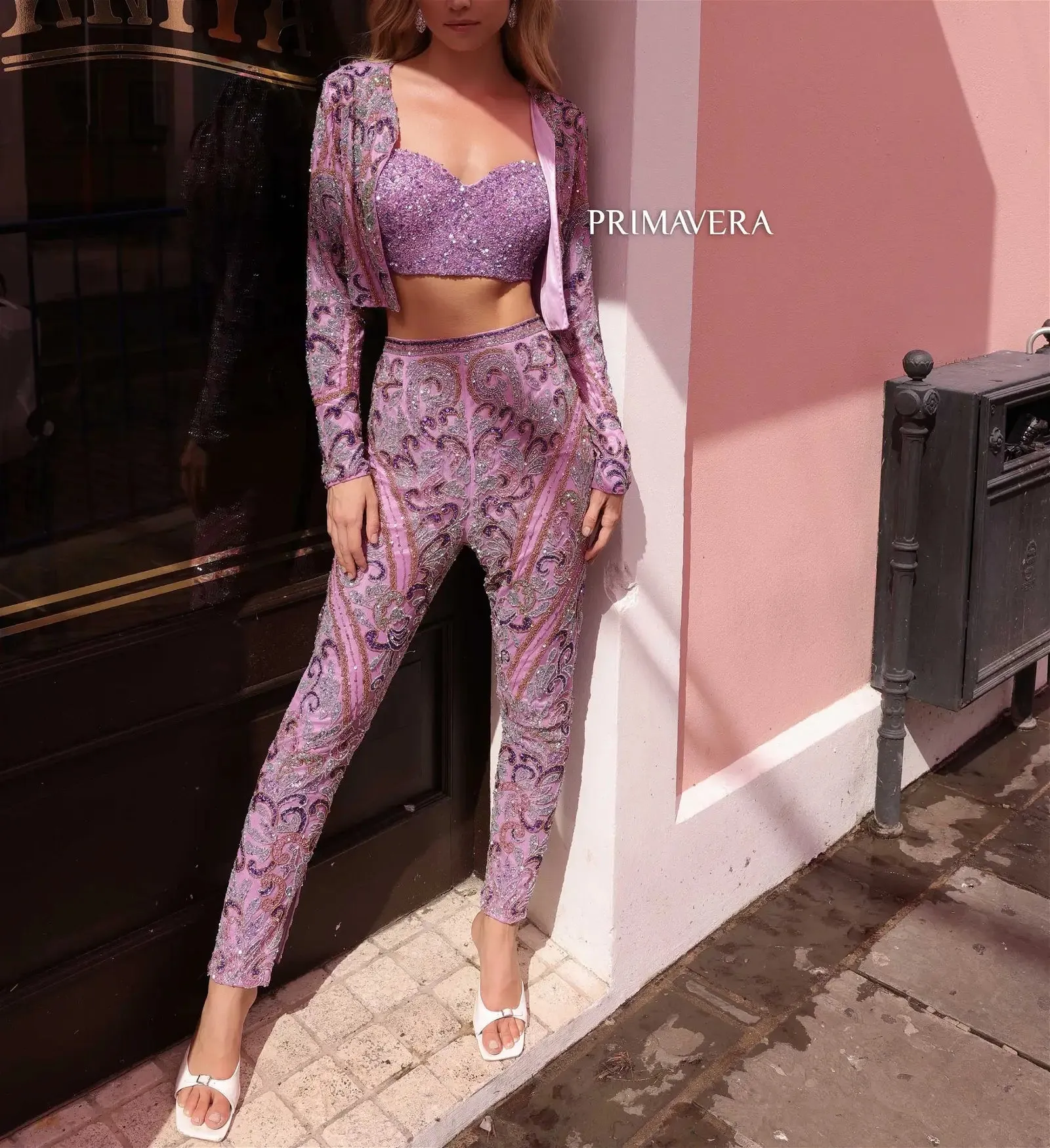 Primavera Couture 4174  Prom 3 Piece Set Sequin Beaded Tank Top Jacket Pant Suit