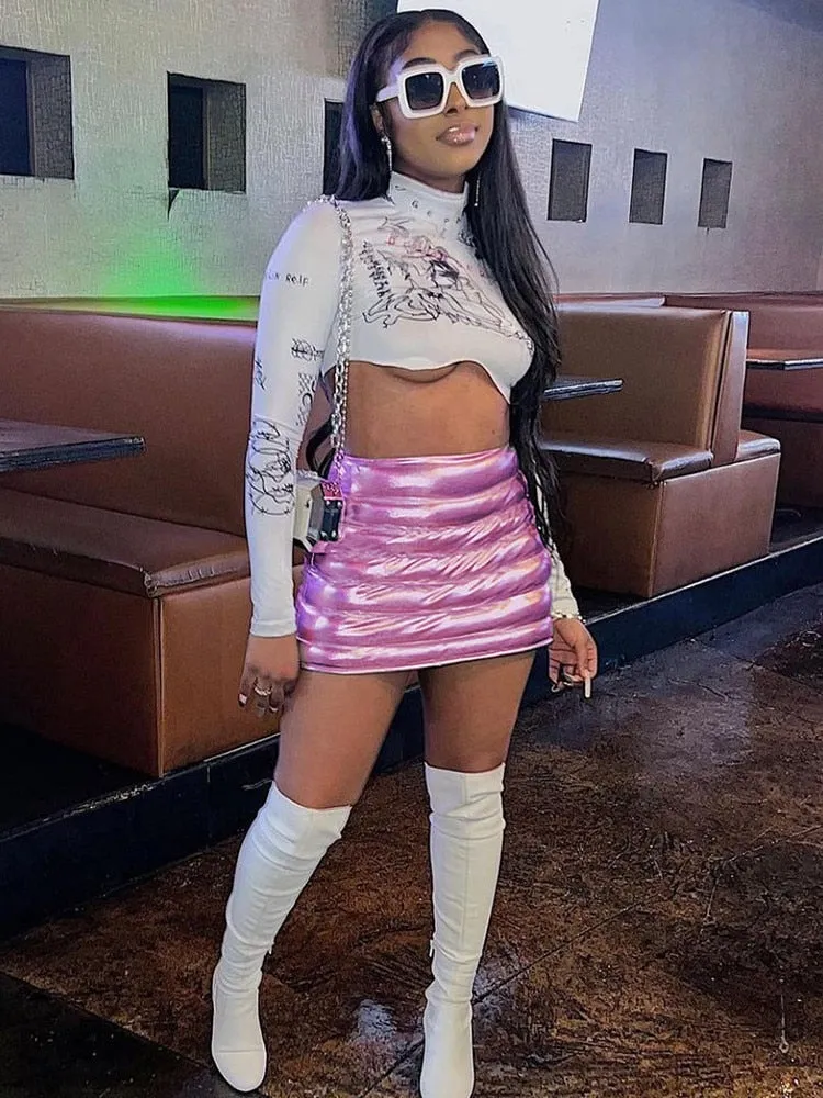 Purpdrank - Shiny Quilted Women Skirt Autumn Fashion Warming Y2K Concise Street Style Clothing High Waist Elastic Female Streetwear