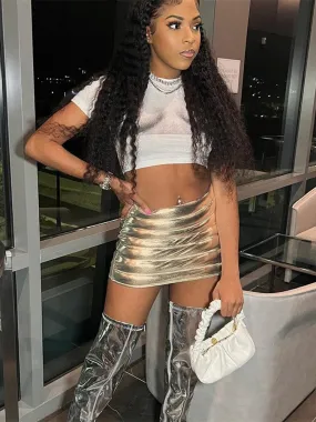 Purpdrank - Shiny Quilted Women Skirt Autumn Fashion Warming Y2K Concise Street Style Clothing High Waist Elastic Female Streetwear