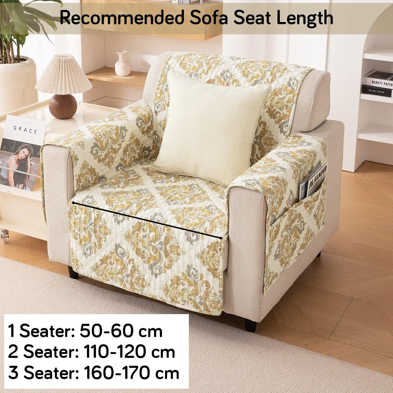 Quilted Printed Polyester Sofa Cover Mat for 1/2/3 Seater Sofa with Side Pockets, Pet Friendly, Damask Beige