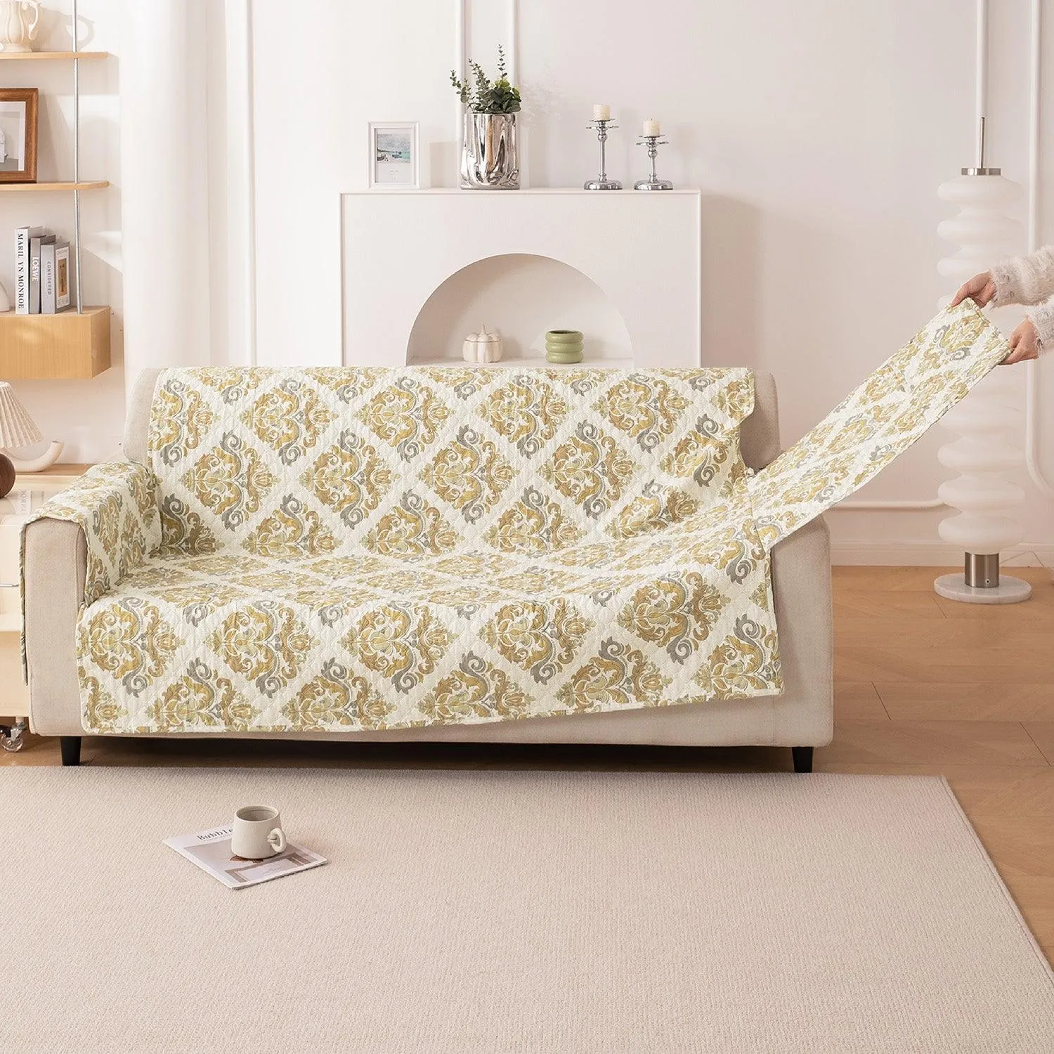Quilted Printed Polyester Sofa Cover Mat for 1/2/3 Seater Sofa with Side Pockets, Pet Friendly, Damask Beige