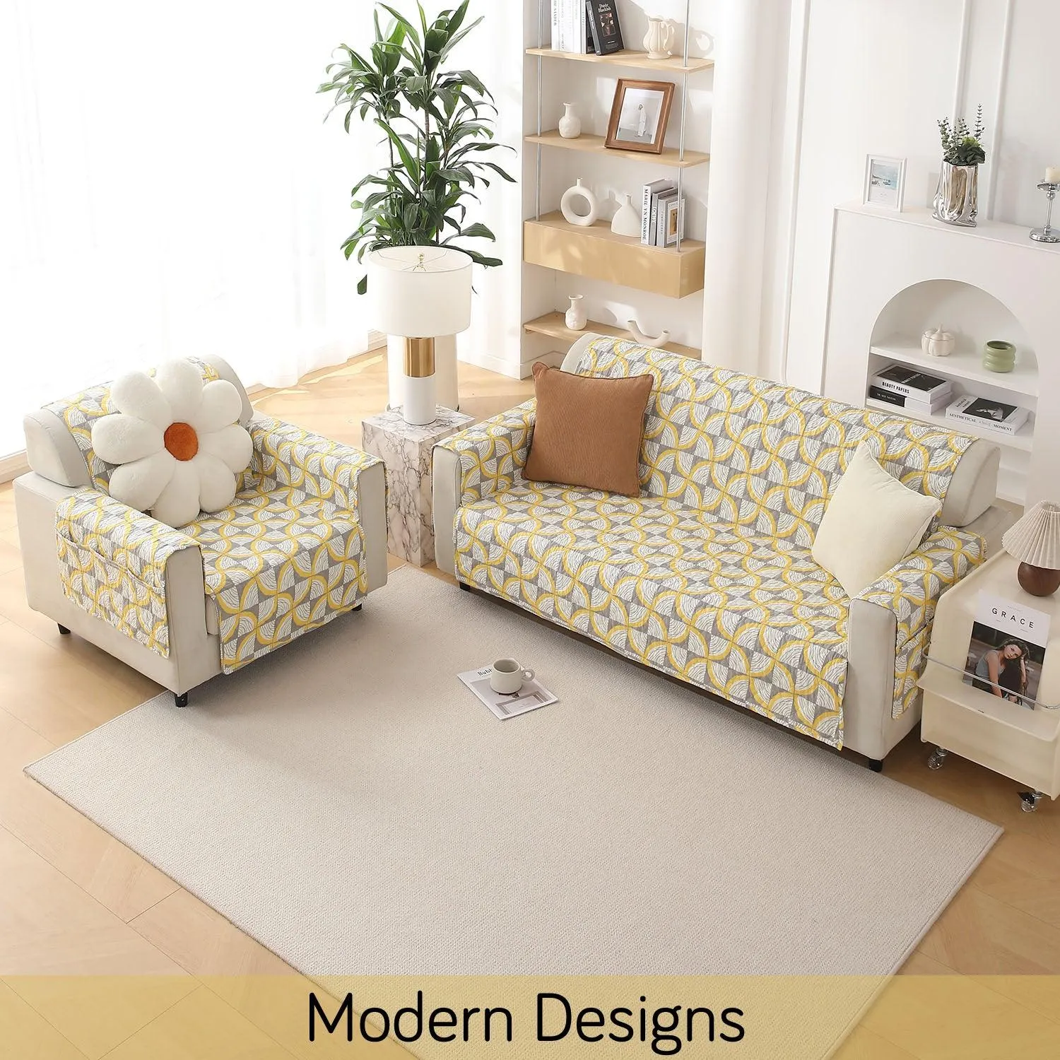 Quilted Printed Polyester Sofa Cover Mat for 1/2/3 Seater Sofa with Side Pockets, Pet Friendly, Windmill Cyber Yellow