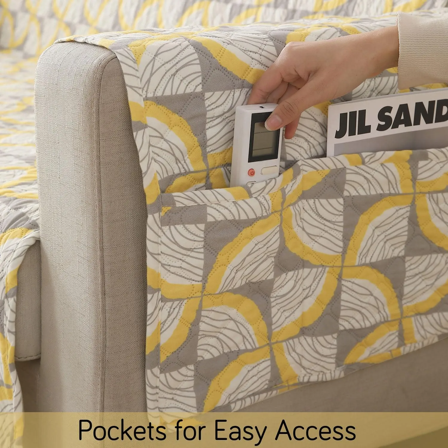 Quilted Printed Polyester Sofa Cover Mat for 1/2/3 Seater Sofa with Side Pockets, Pet Friendly, Windmill Cyber Yellow