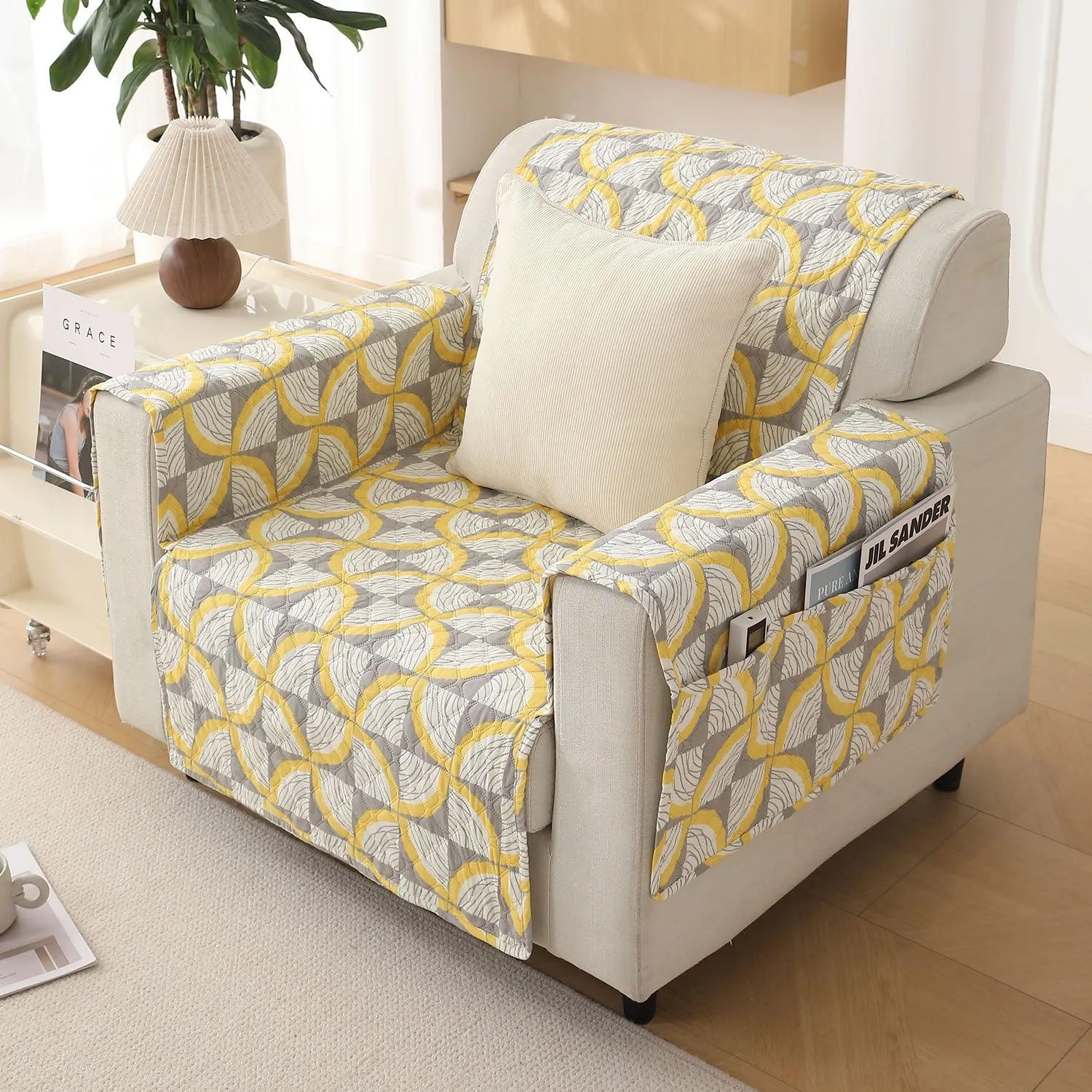 Quilted Printed Polyester Sofa Cover Mat for 1/2/3 Seater Sofa with Side Pockets, Pet Friendly, Windmill Cyber Yellow