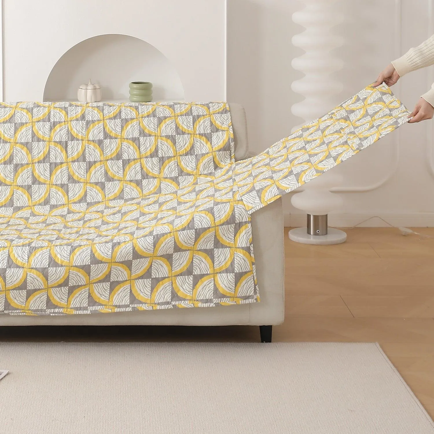 Quilted Printed Polyester Sofa Cover Mat for 1/2/3 Seater Sofa with Side Pockets, Pet Friendly, Windmill Cyber Yellow