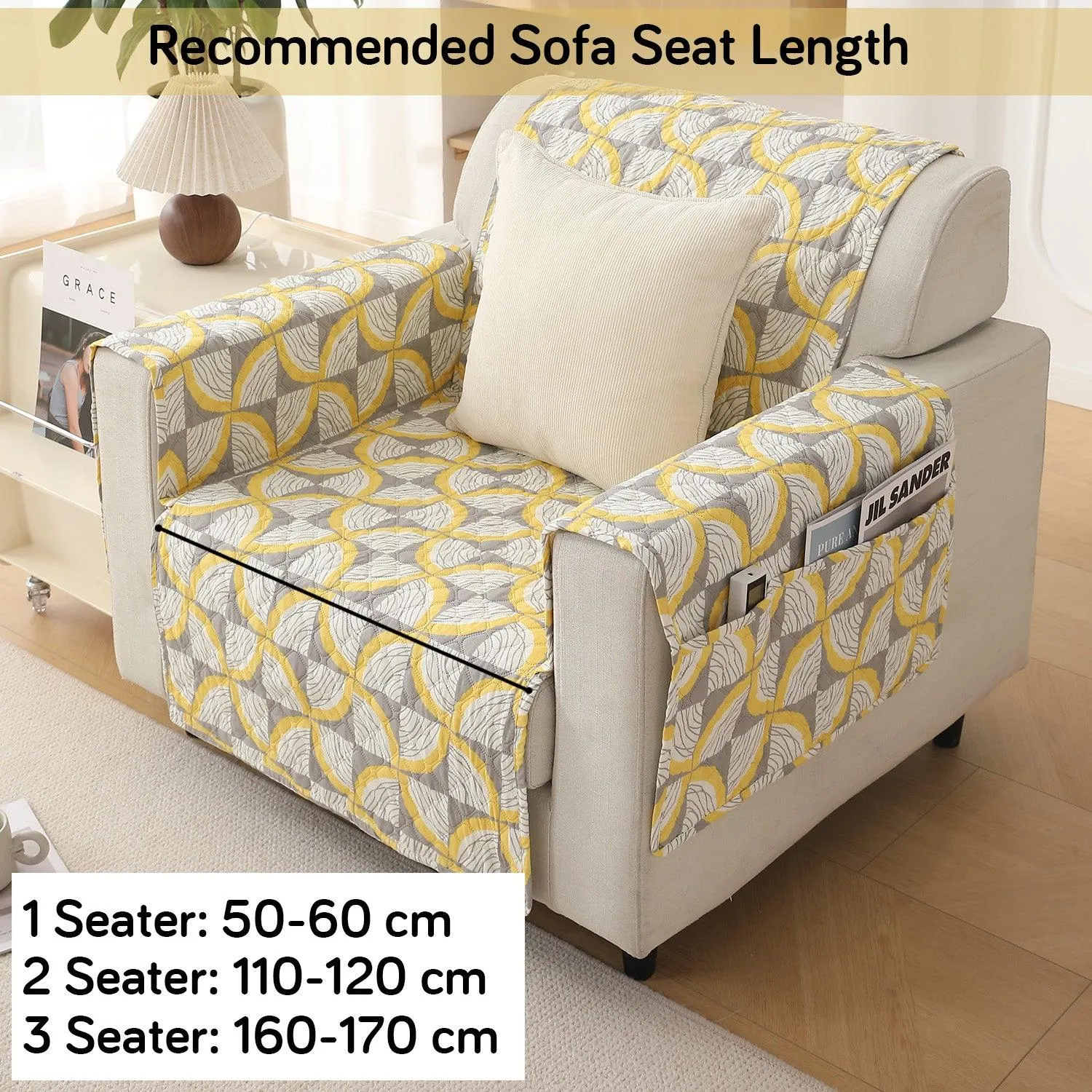 Quilted Printed Polyester Sofa Cover Mat for 1/2/3 Seater Sofa with Side Pockets, Pet Friendly, Windmill Cyber Yellow