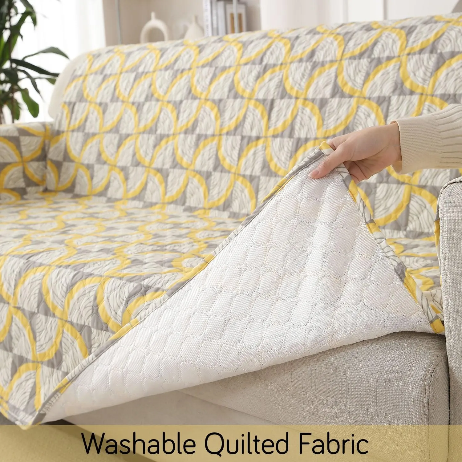 Quilted Printed Polyester Sofa Cover Mat for 1/2/3 Seater Sofa with Side Pockets, Pet Friendly, Windmill Cyber Yellow